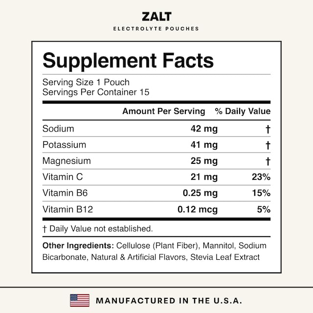 ZALT etiqueta nutricional cercana mostrando electrolitos y vitaminas