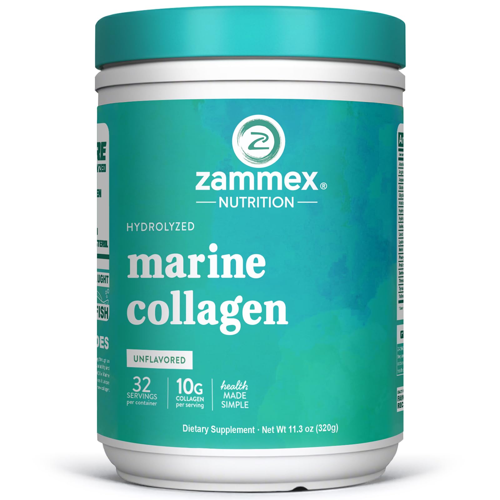 Zammex envase frontal del colágeno marino sin sabor, transparencia y confianza