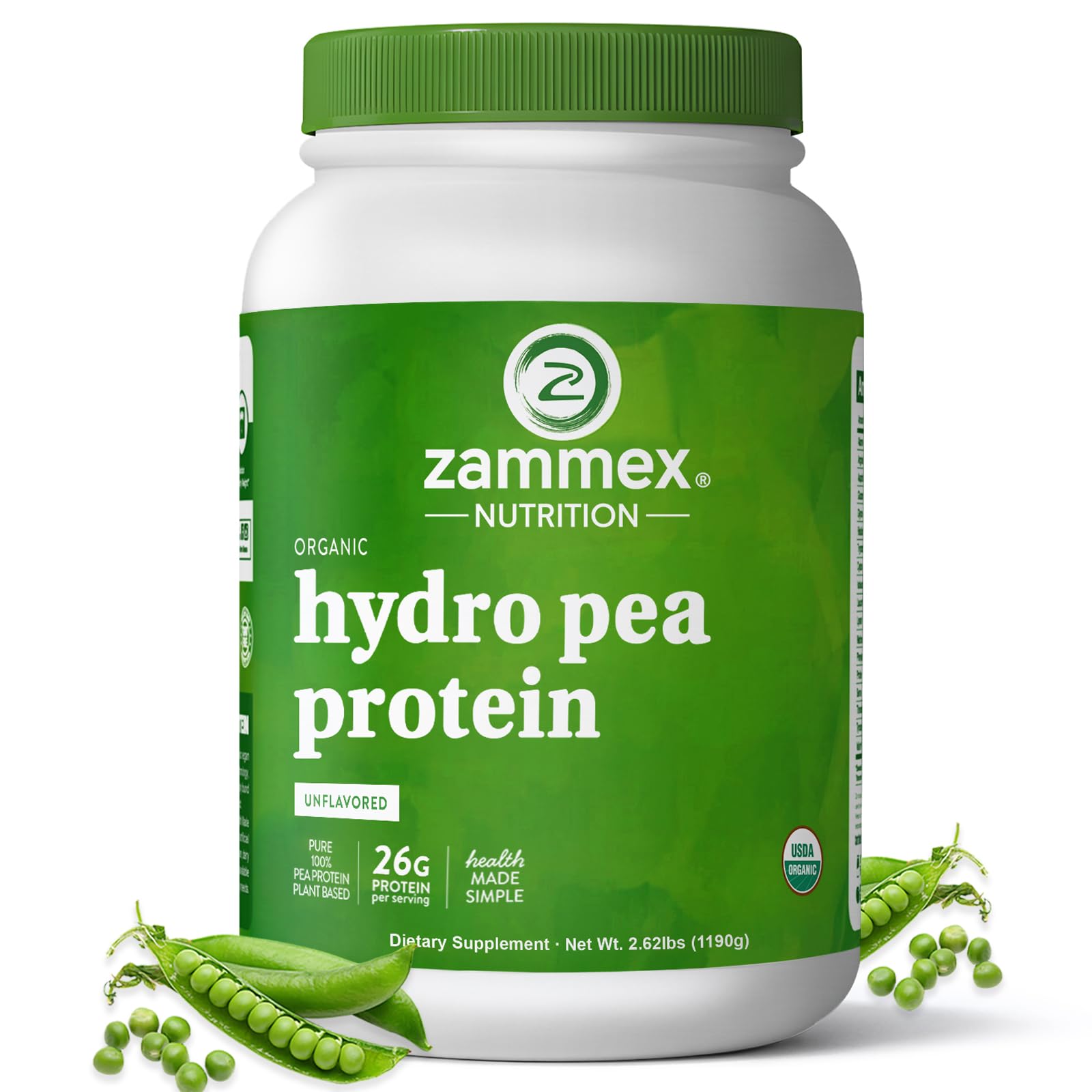 Zammex envase frontal de proteína de guisante mostrando pureza y certificación orgánica