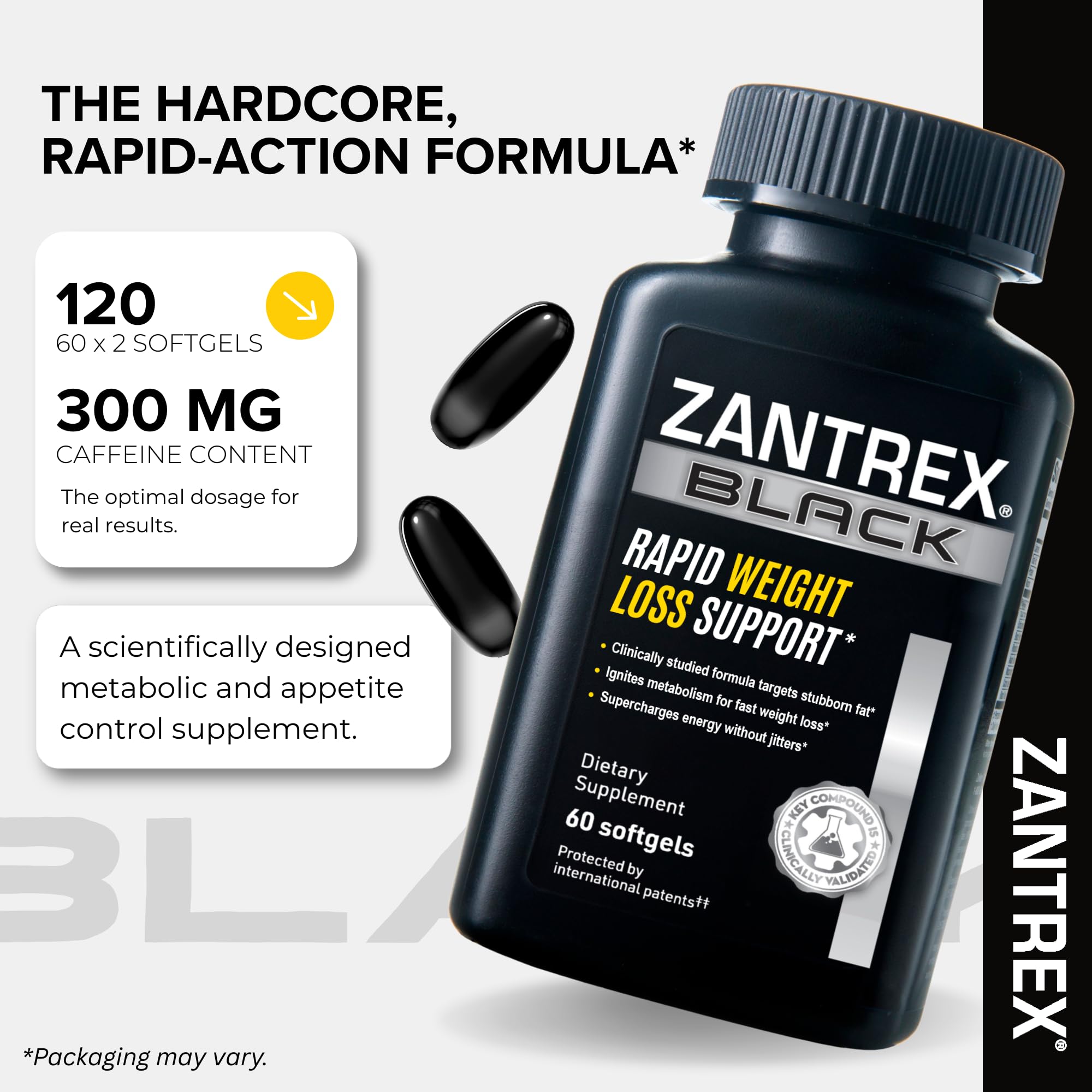 Close-up del softgel Zantrex Black destacando textura suave y rápida absorción
