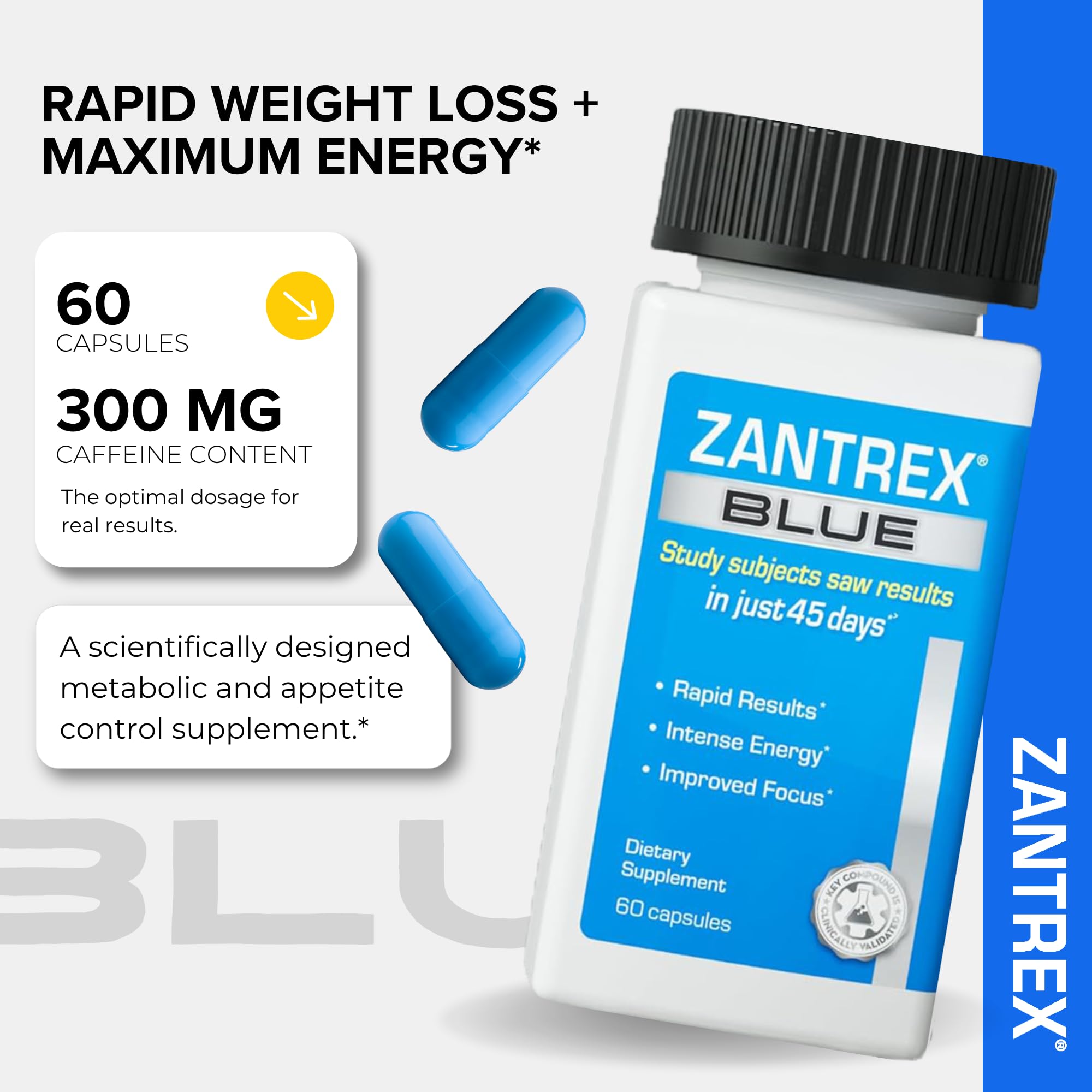 Zantrex botella junto a objetos para comparar tamaño real