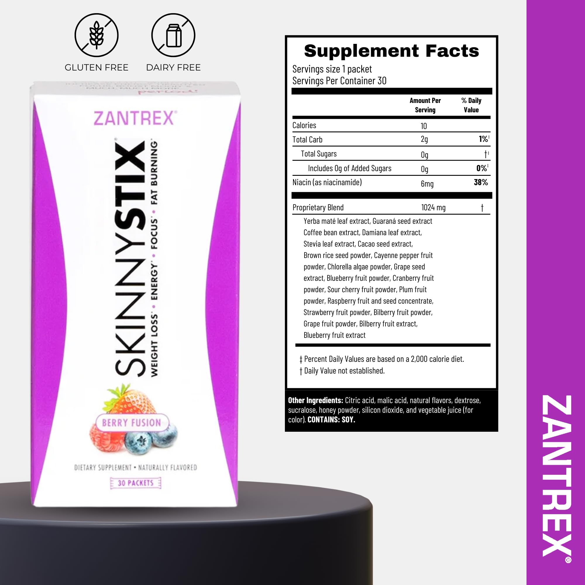 Zantrex etiqueta nutricional enfatizando bajo contenido calórico