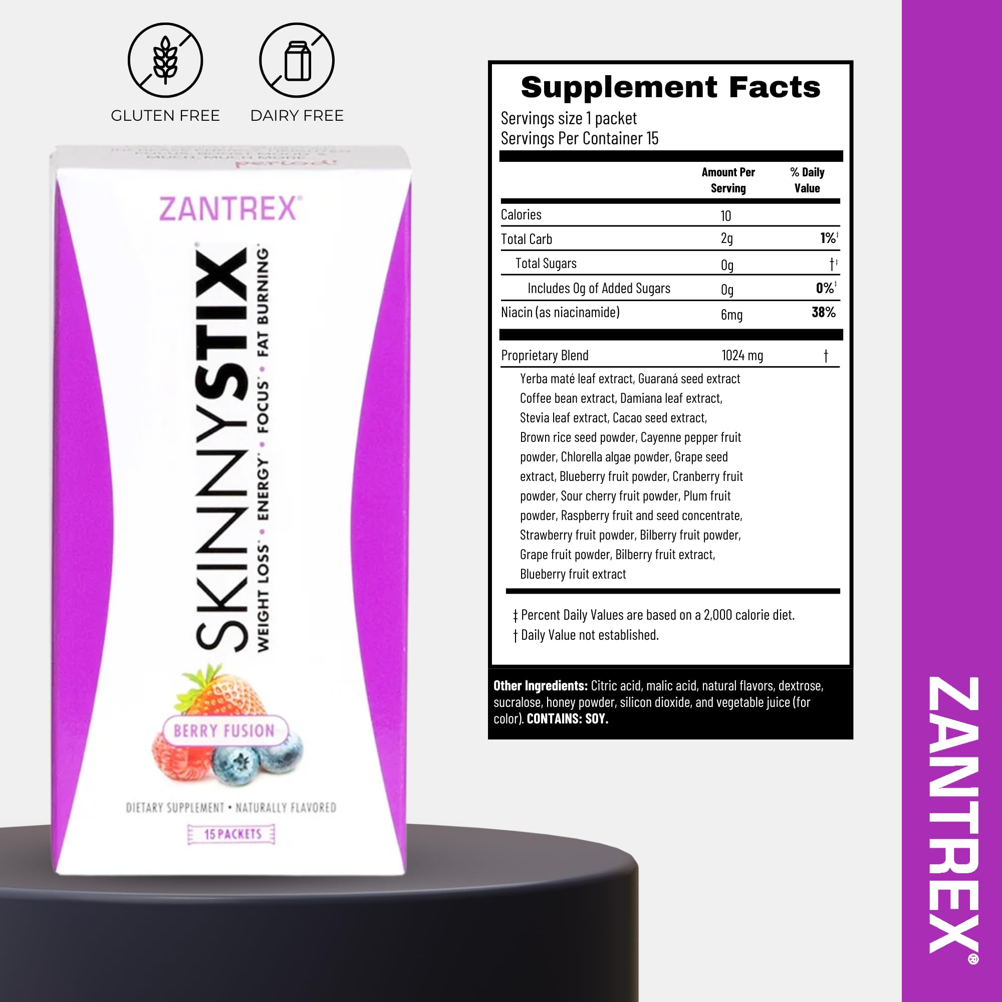 Zantrex SkinnyStix comparación de tamaño del sobre con una mano, dosis práctica
