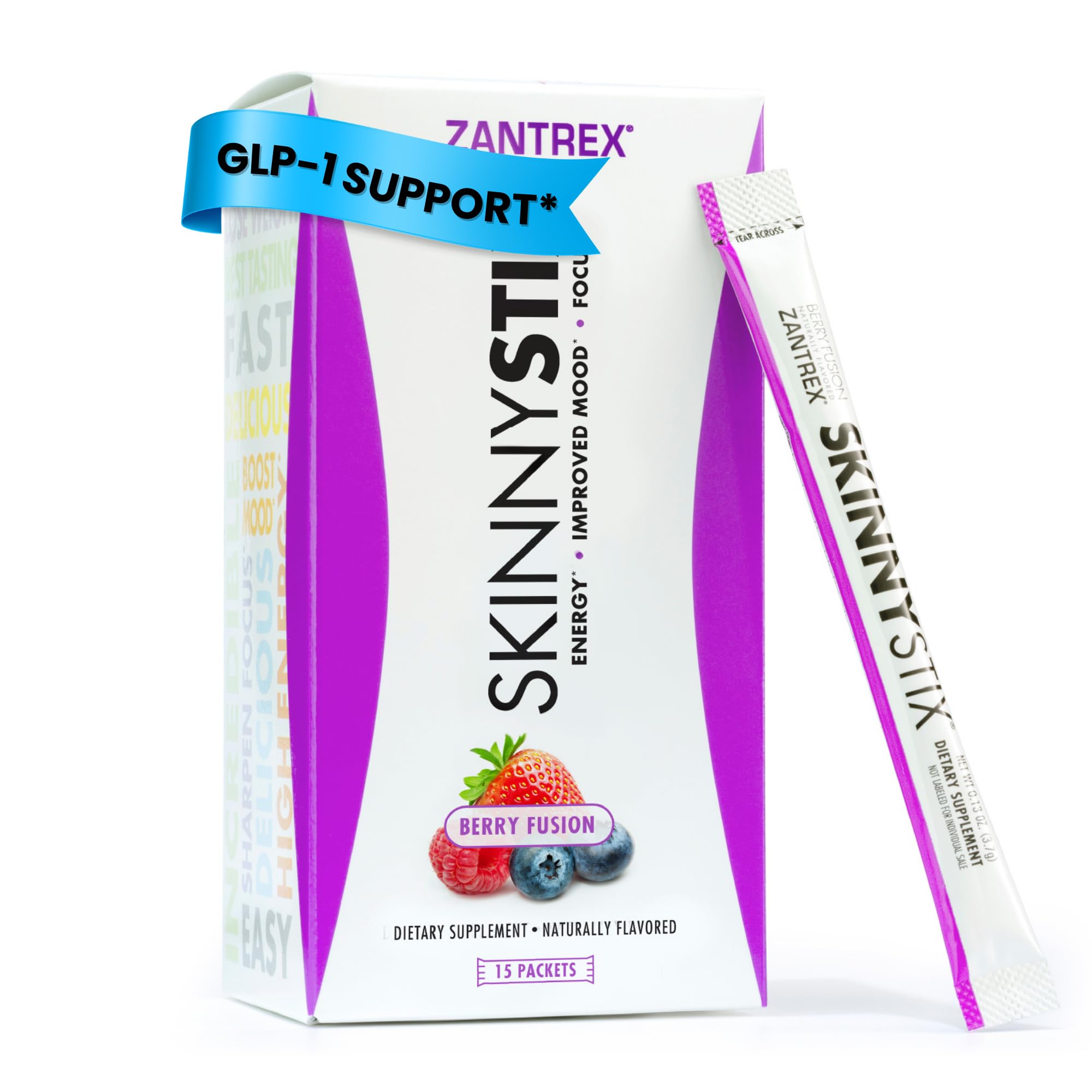 Zantrex SkinnyStix frente del paquete, presentación clara y portátil