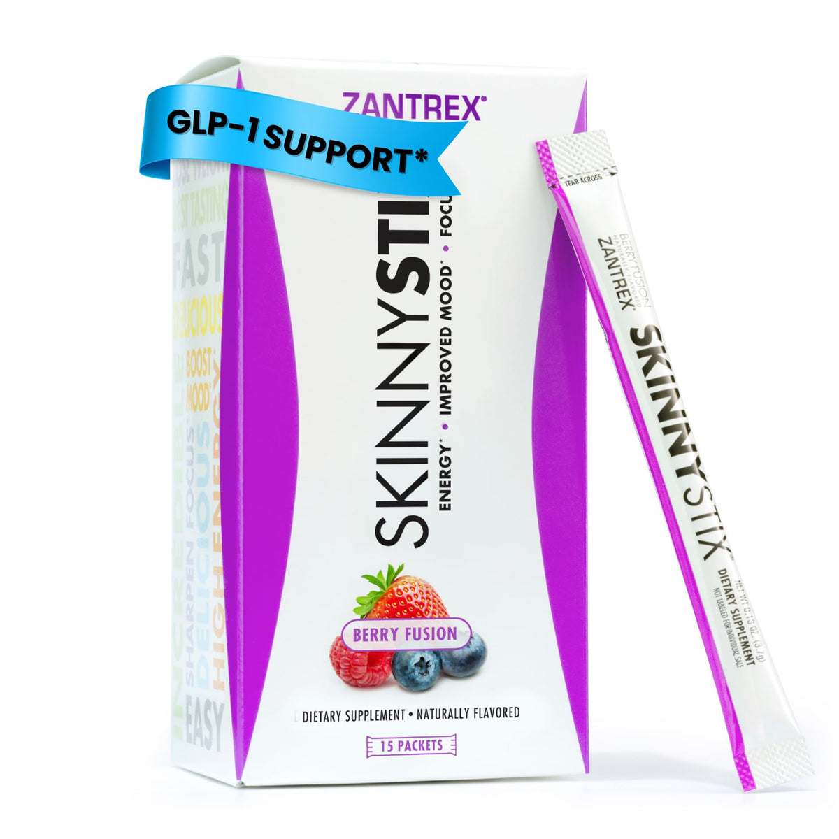 Zantrex SkinnyStix frente del paquete, presentación clara y portátil