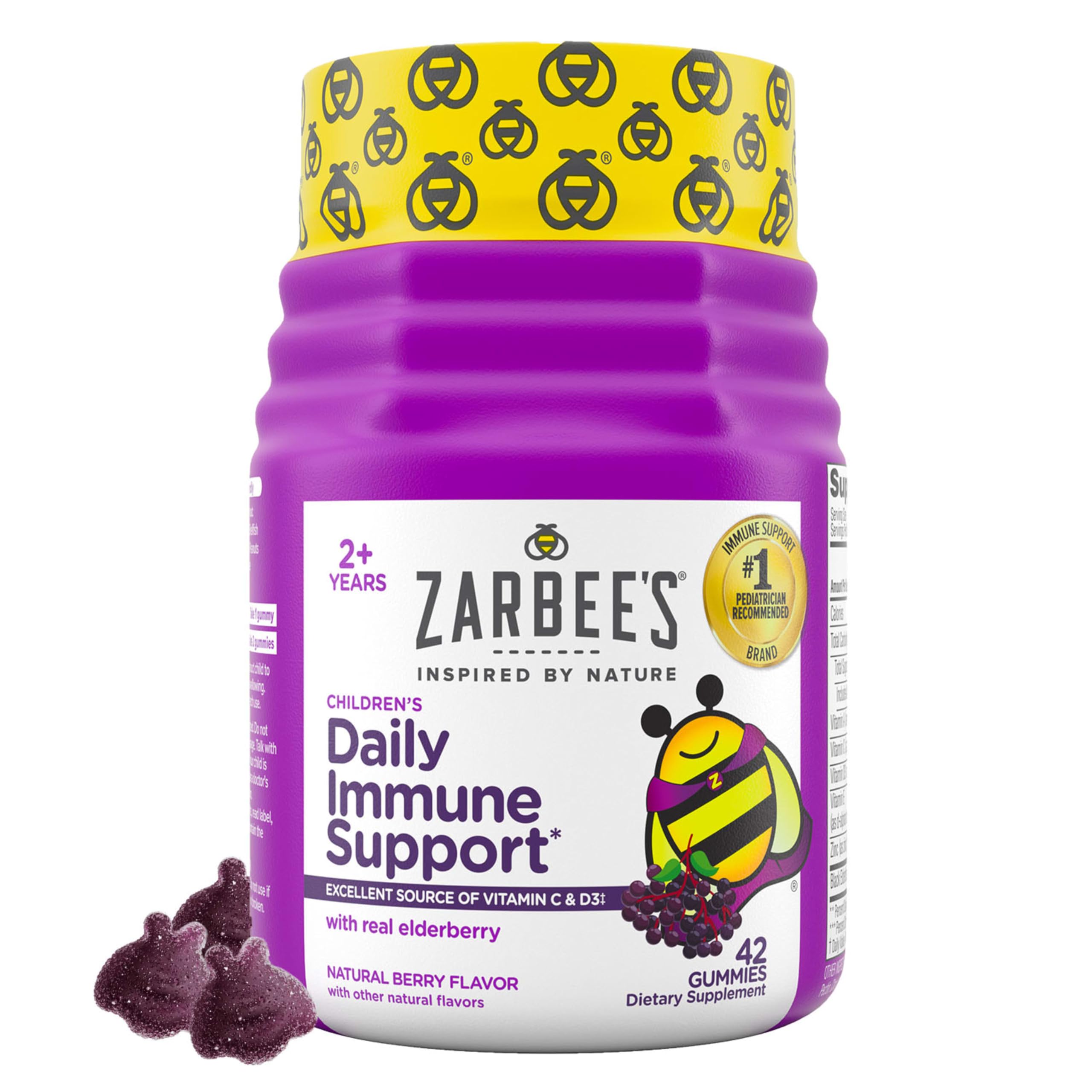 Zarbee's frasco frontal con gomitas saúco muestra la presentación y beneficio inmunológico