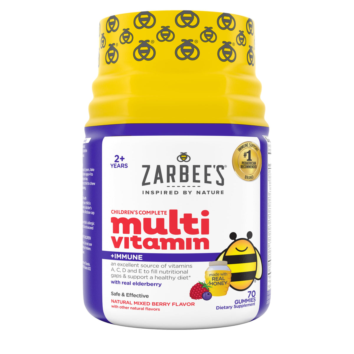Zarbee's frente del envase mostrando beneficios y conteo, confianza pediátrica
