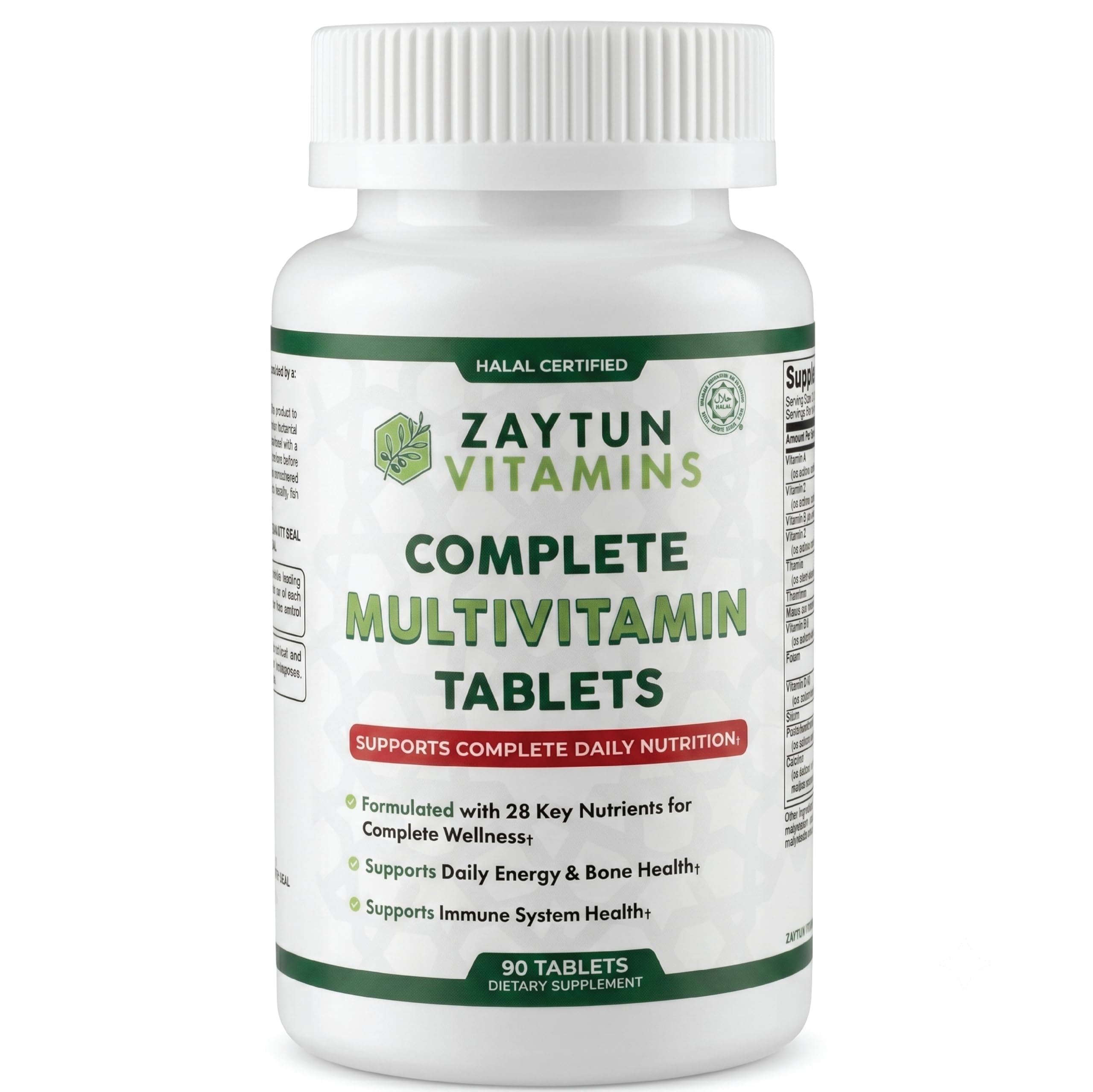 Zaytun frontal del empaque mostrando 90 tabletas y sello Halal