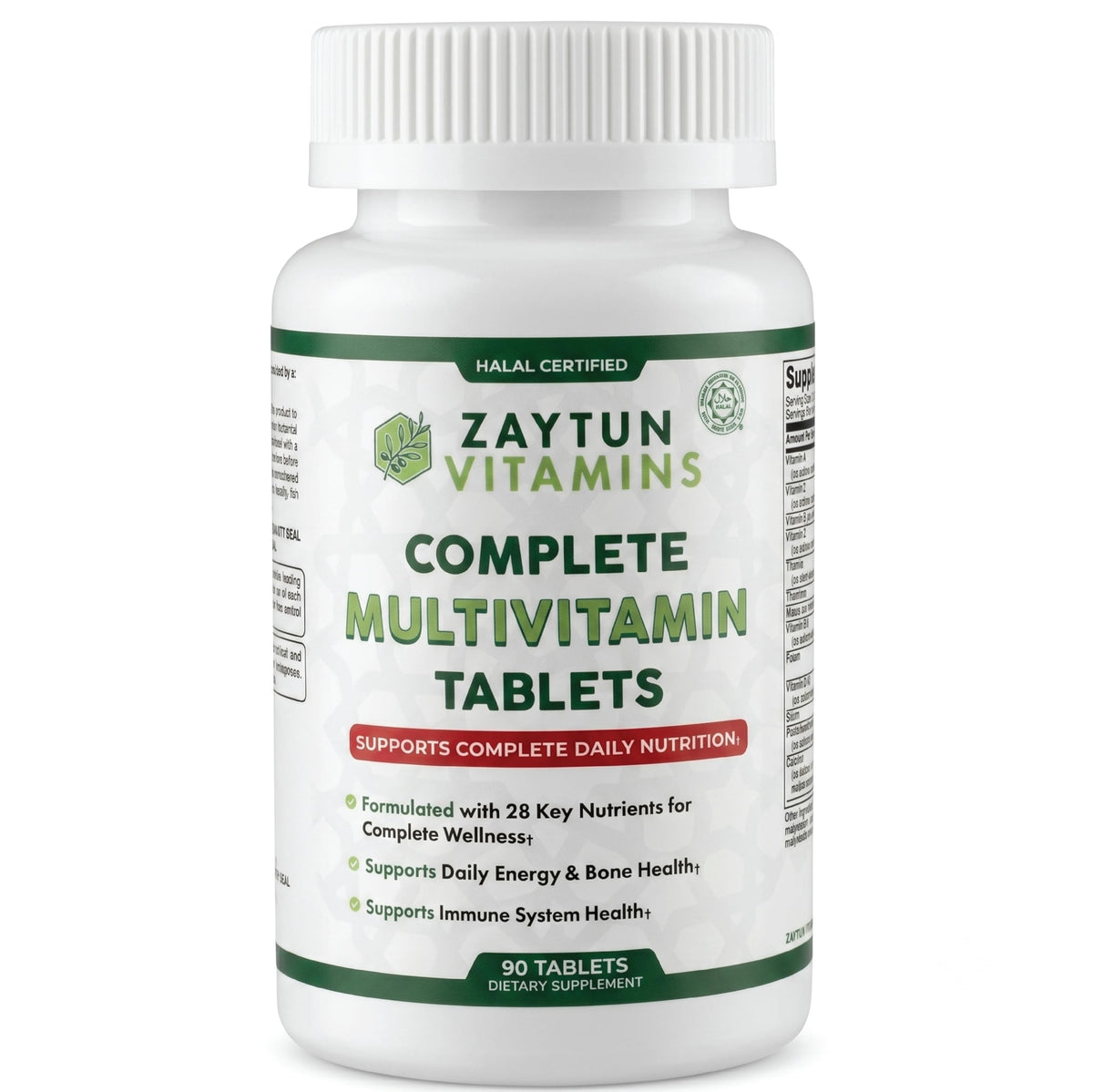 Zaytun frontal del empaque mostrando 90 tabletas y sello Halal