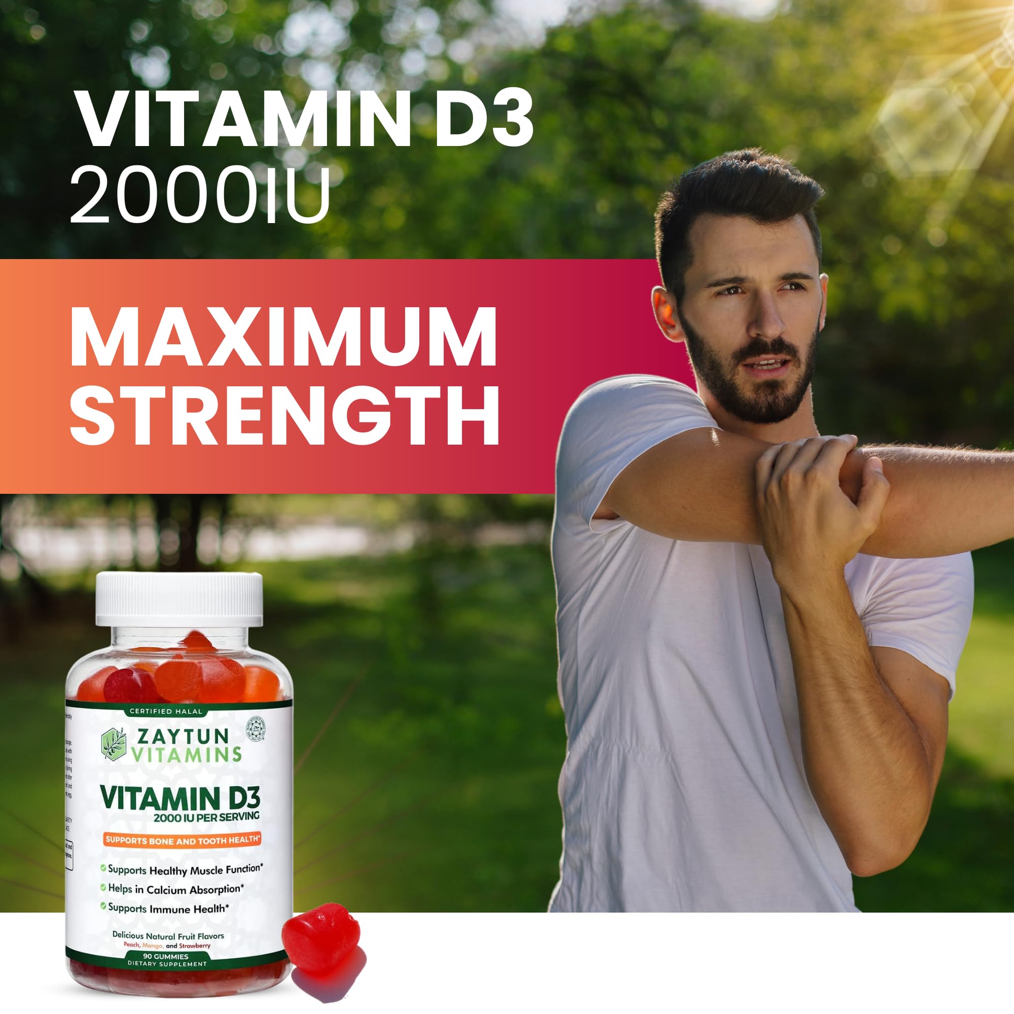 Zaytun Vitamins gomitas D3 en mano para comparación de tamaño y dosis visible