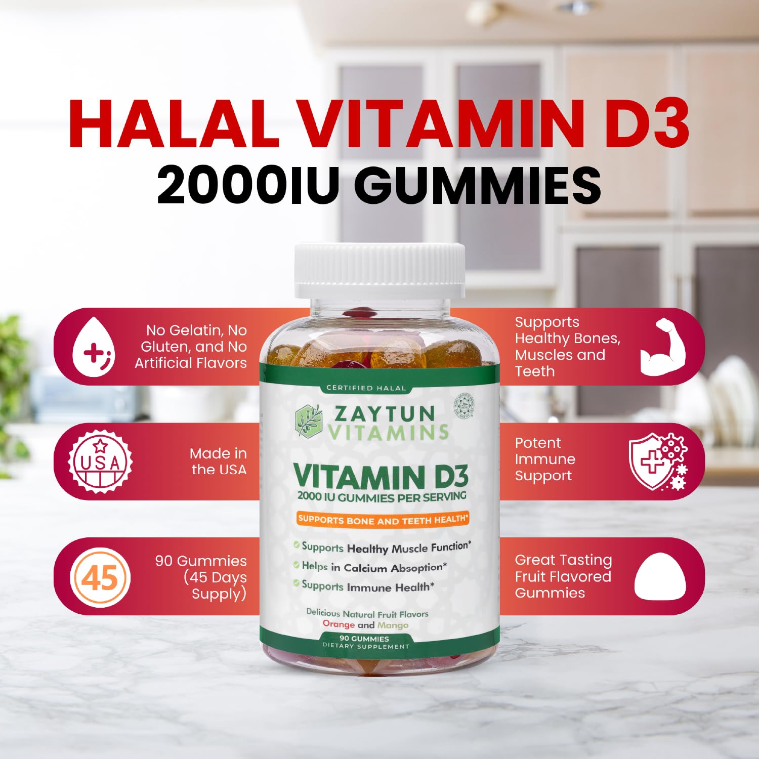 Zaytun Vitamins etiqueta nutricional de Vitamin D3 resaltando 2000 IU por porción