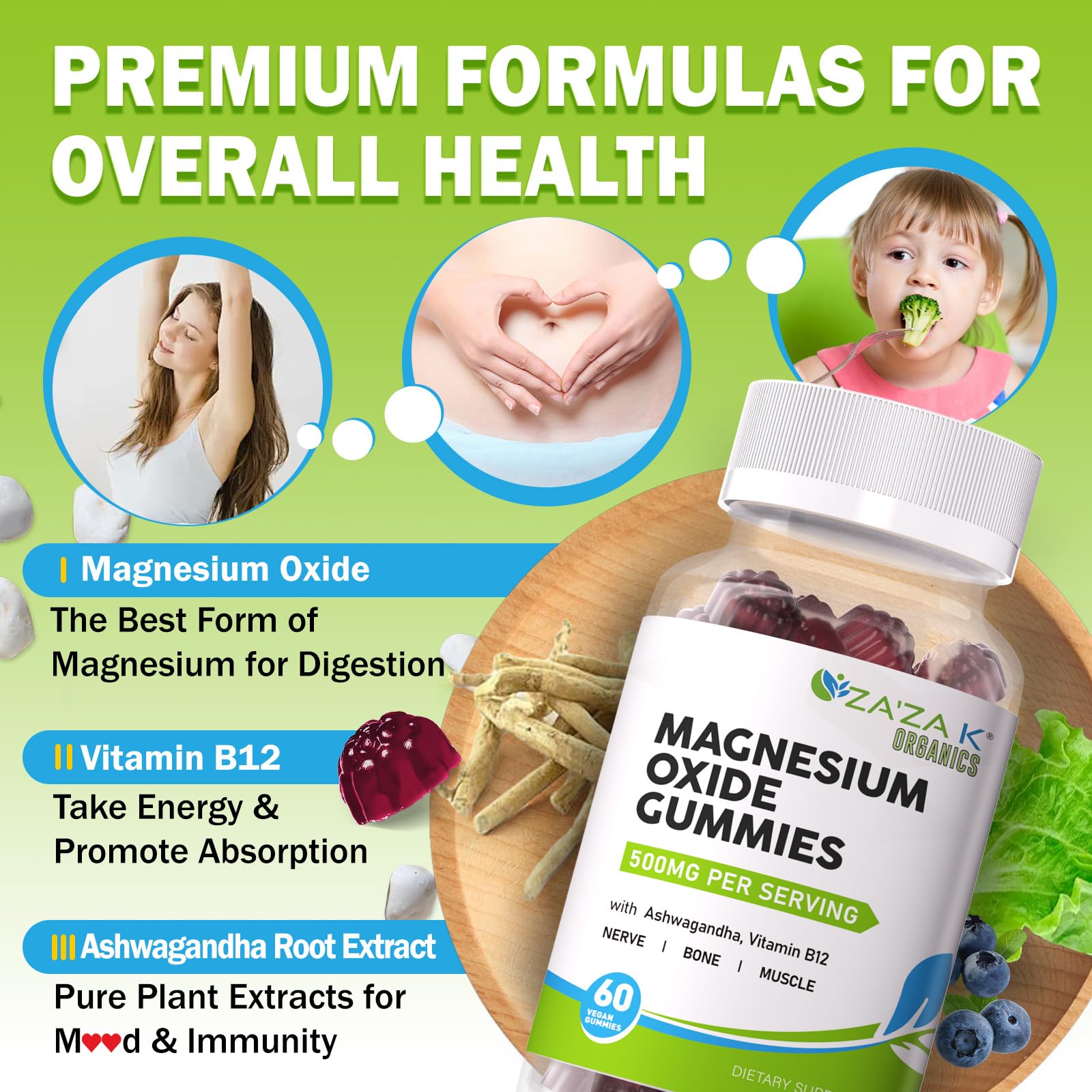 ZA'ZA K ORGANICS envase abierto con gomitas visibles listo para tomar