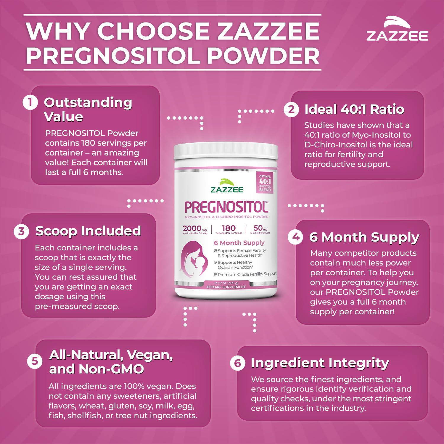 Zazzee bote abierto con polvo, destaca fórmula vegana y sin aditivos