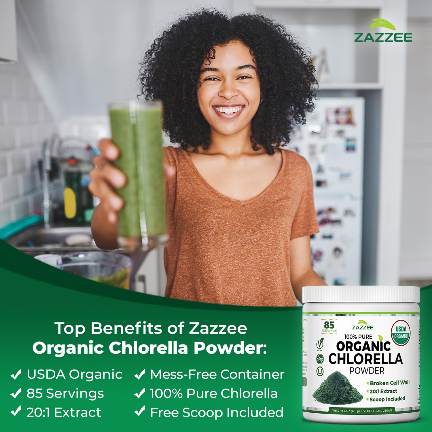 Zazzee polvo mezclado en batido verde para recetas diarias