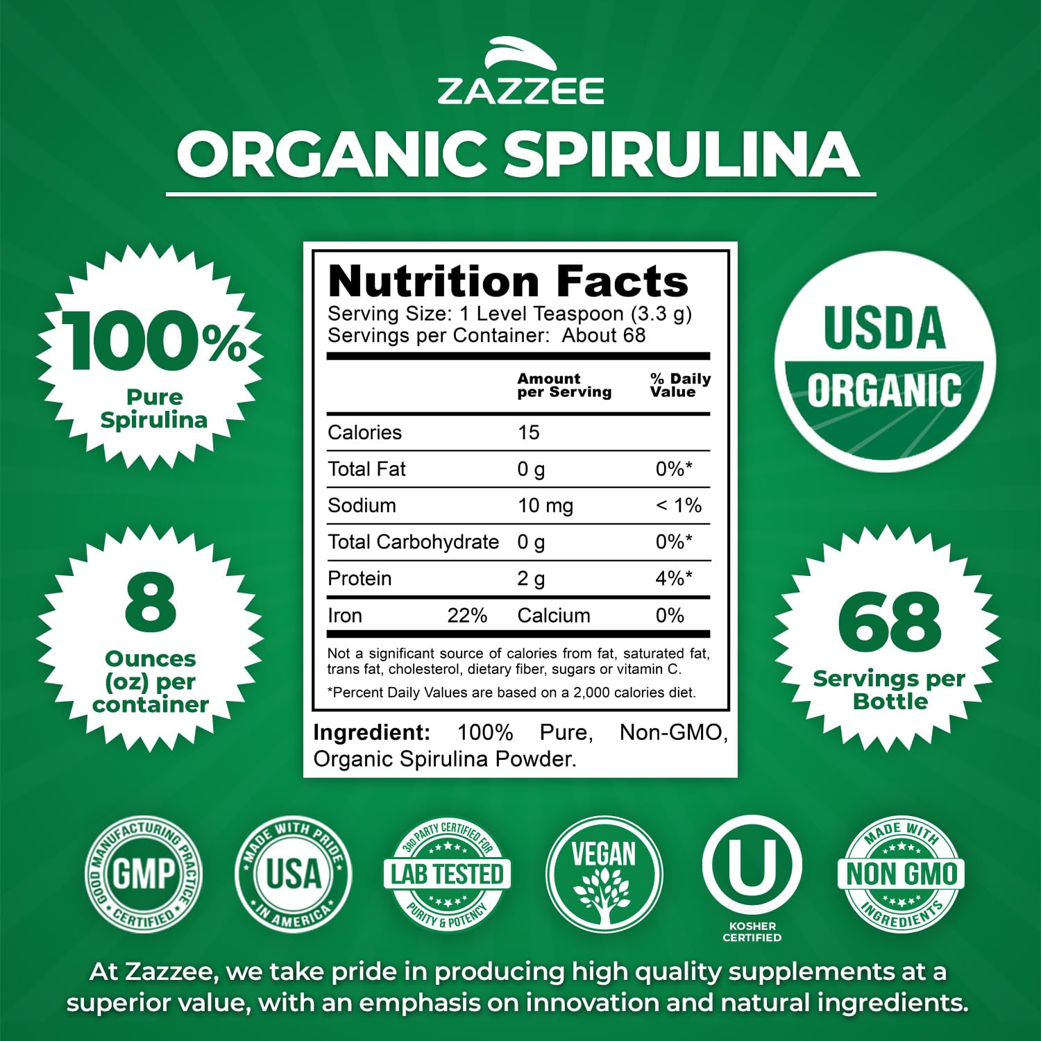 Zazzee primer plano del polvo de spirulina resaltando textura fina