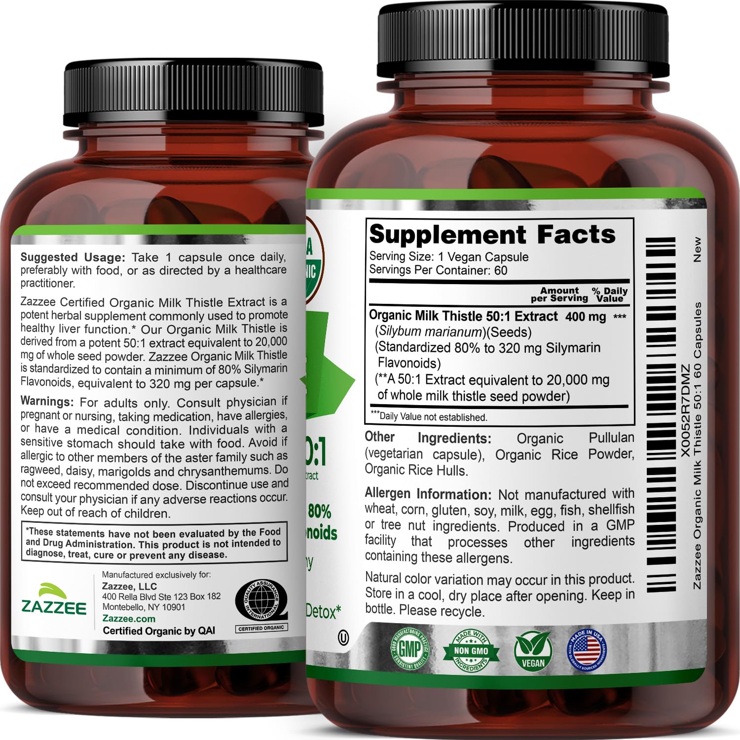 Zazzee empaque lateral con información nutricional y advertencias