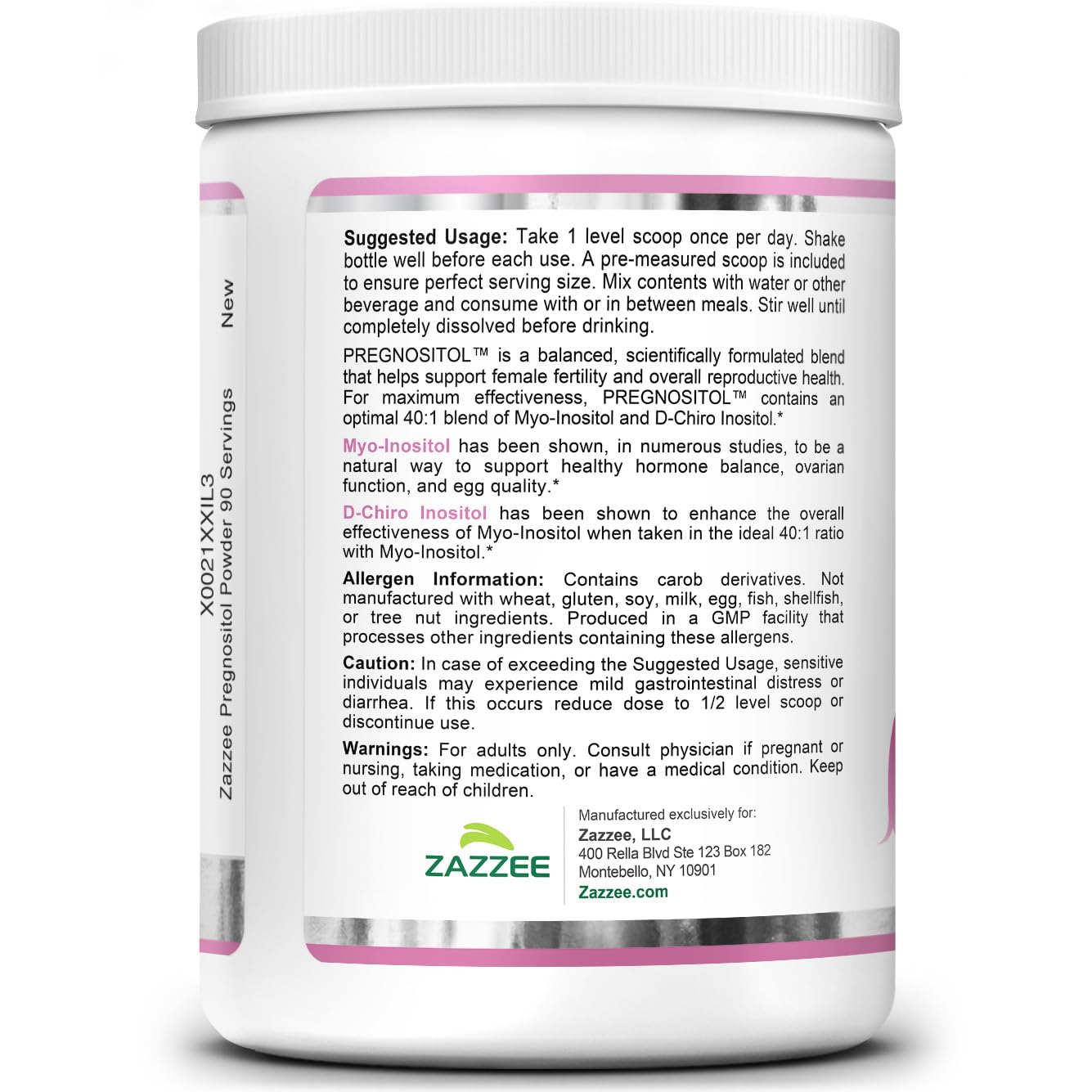 zazzee lado del envase con lista de ingredientes y ausencia de alérgenos comunes