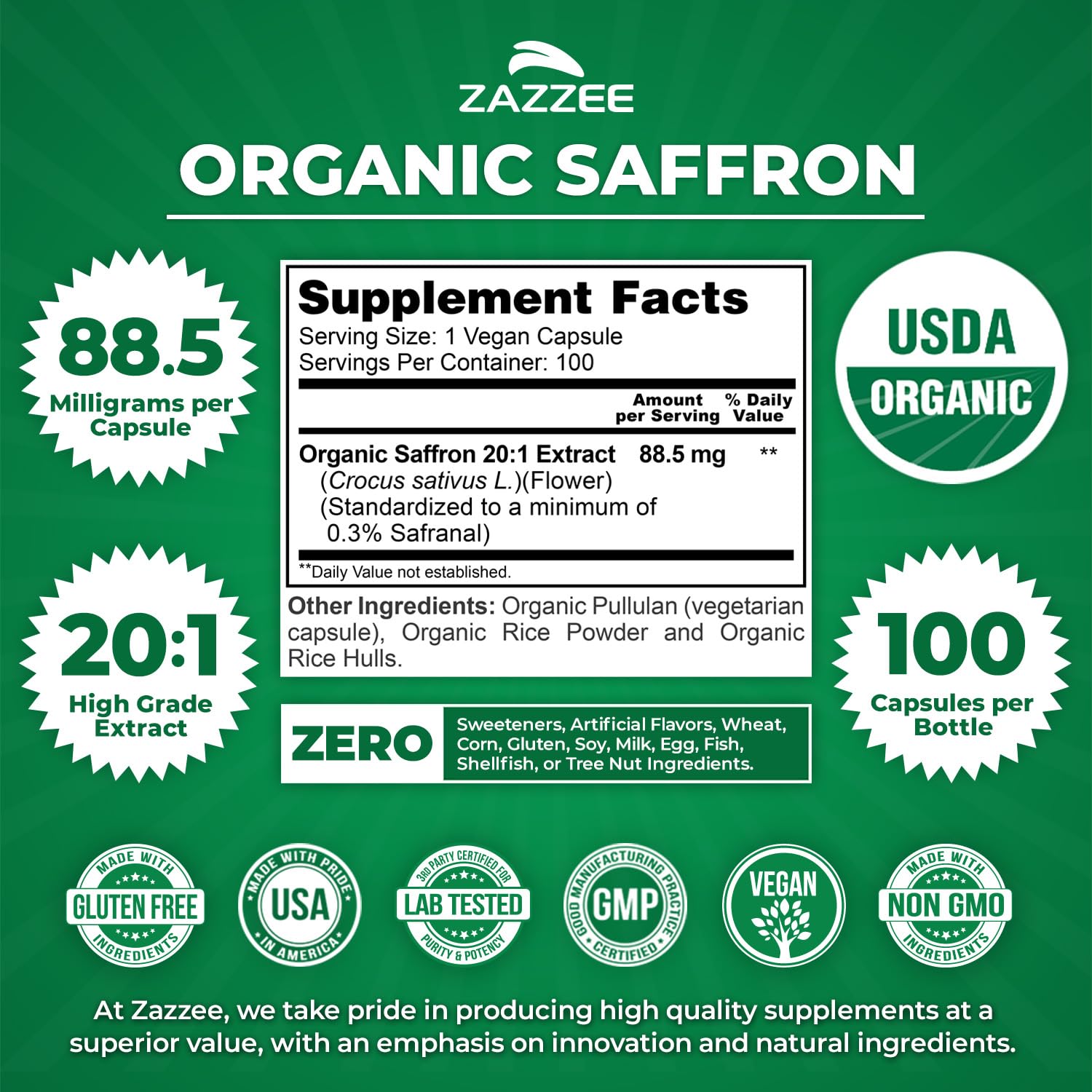 Zazzee etiqueta con certificaciones USDA Organic y trazabilidad clara