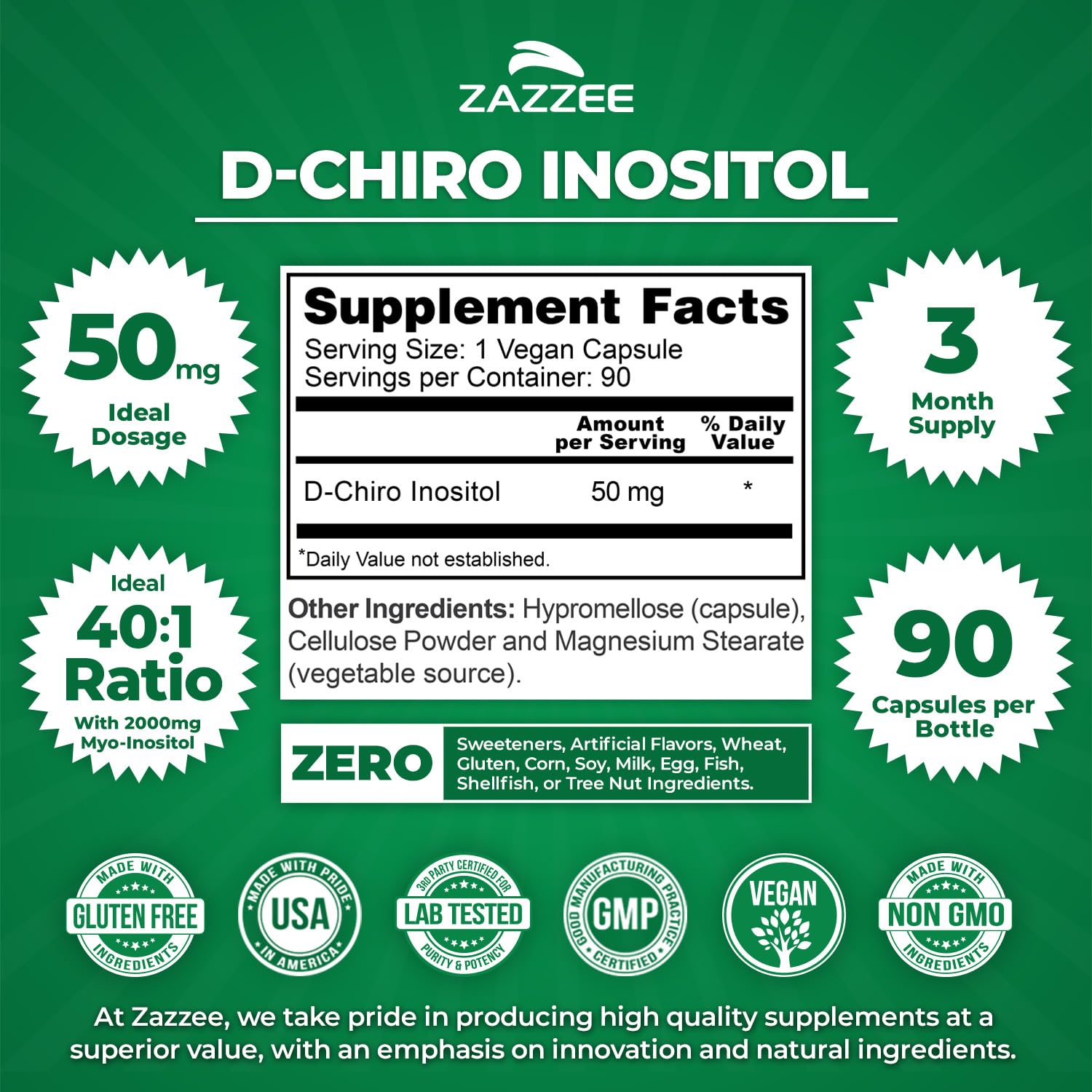 Zazzee etiqueta en primer plano con información de 50 mg y 90 cápsulas