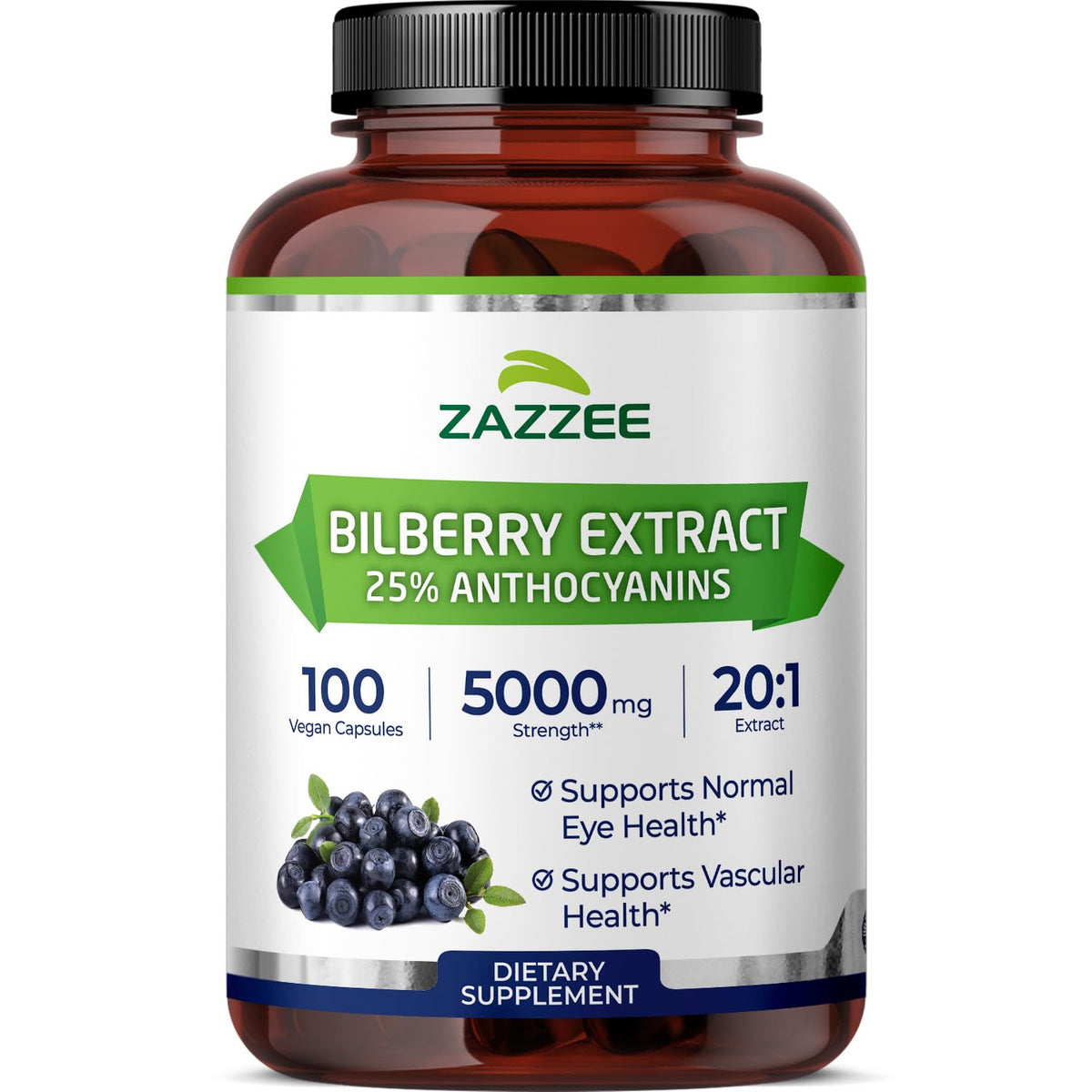 Zazzee frasco delantero Bilberry mostrando etiqueta y beneficio de alta potencia