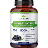 Zazzee frasco delantero Bilberry mostrando etiqueta y beneficio de alta potencia