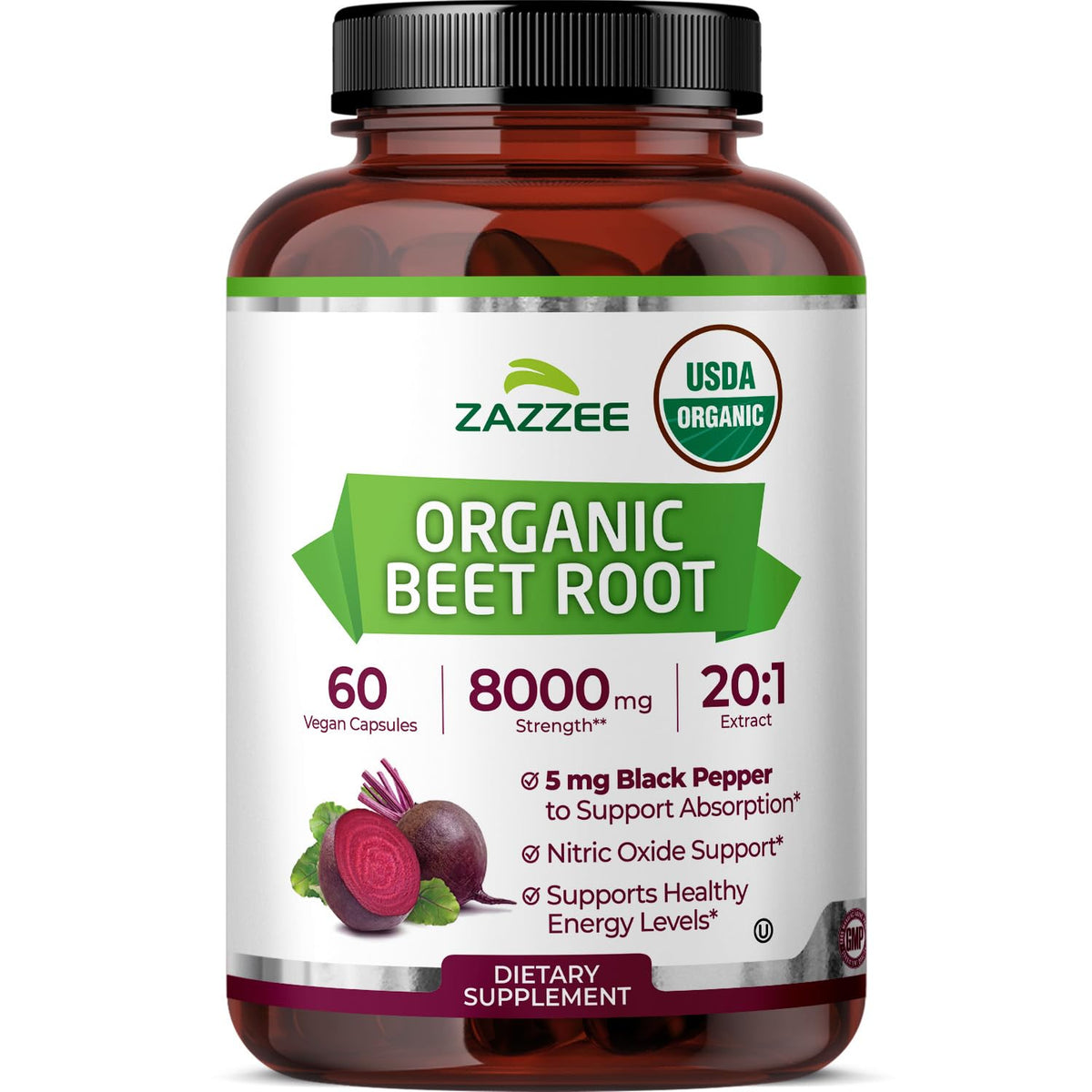 Zazzee frasco frontal mostrando extracto de remolacha y beneficios orgánicos
