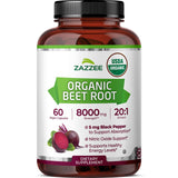 Zazzee frasco frontal mostrando extracto de remolacha y beneficios orgánicos