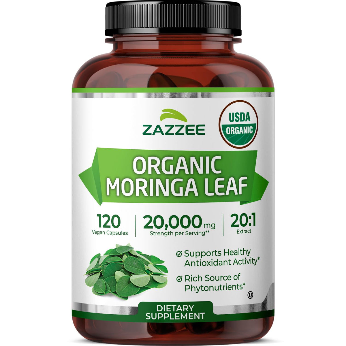 Zazzee frasco frontal mostrando etiqueta orgánica y beneficios claros