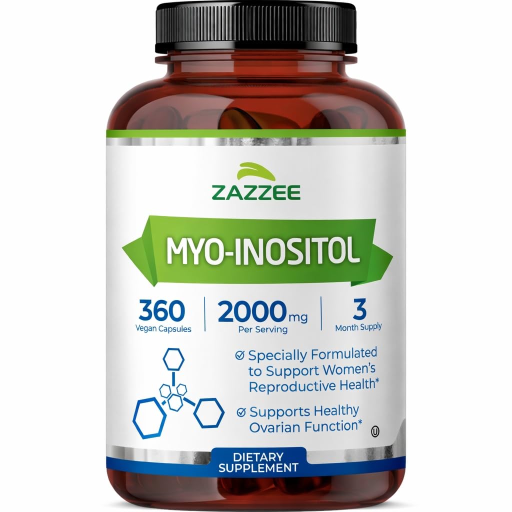 Zazzee frasco frontal de Myo-Inositol mostrando etiqueta clara y beneficio práctico
