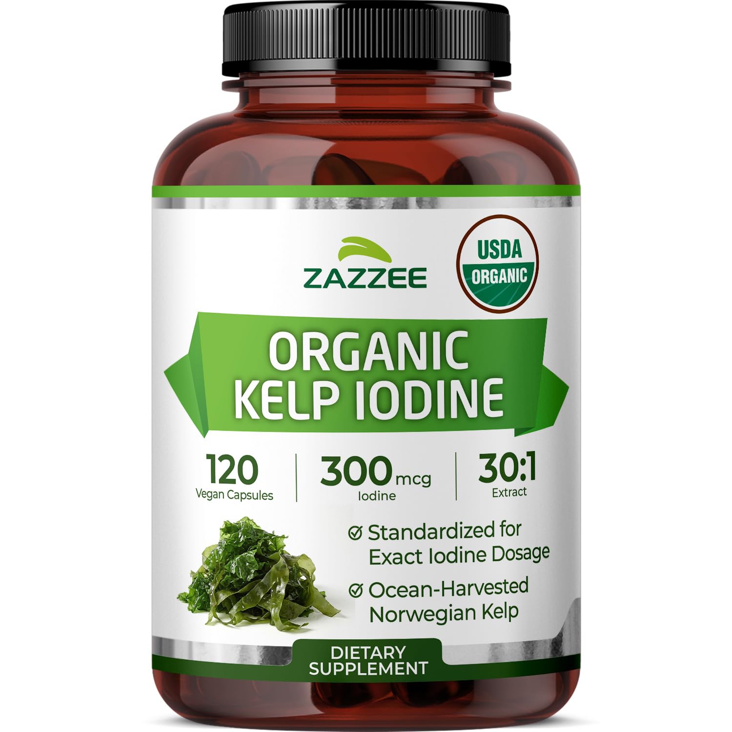 Zazzee frasco frontal mostrando etiqueta orgánica y beneficio de pureza
