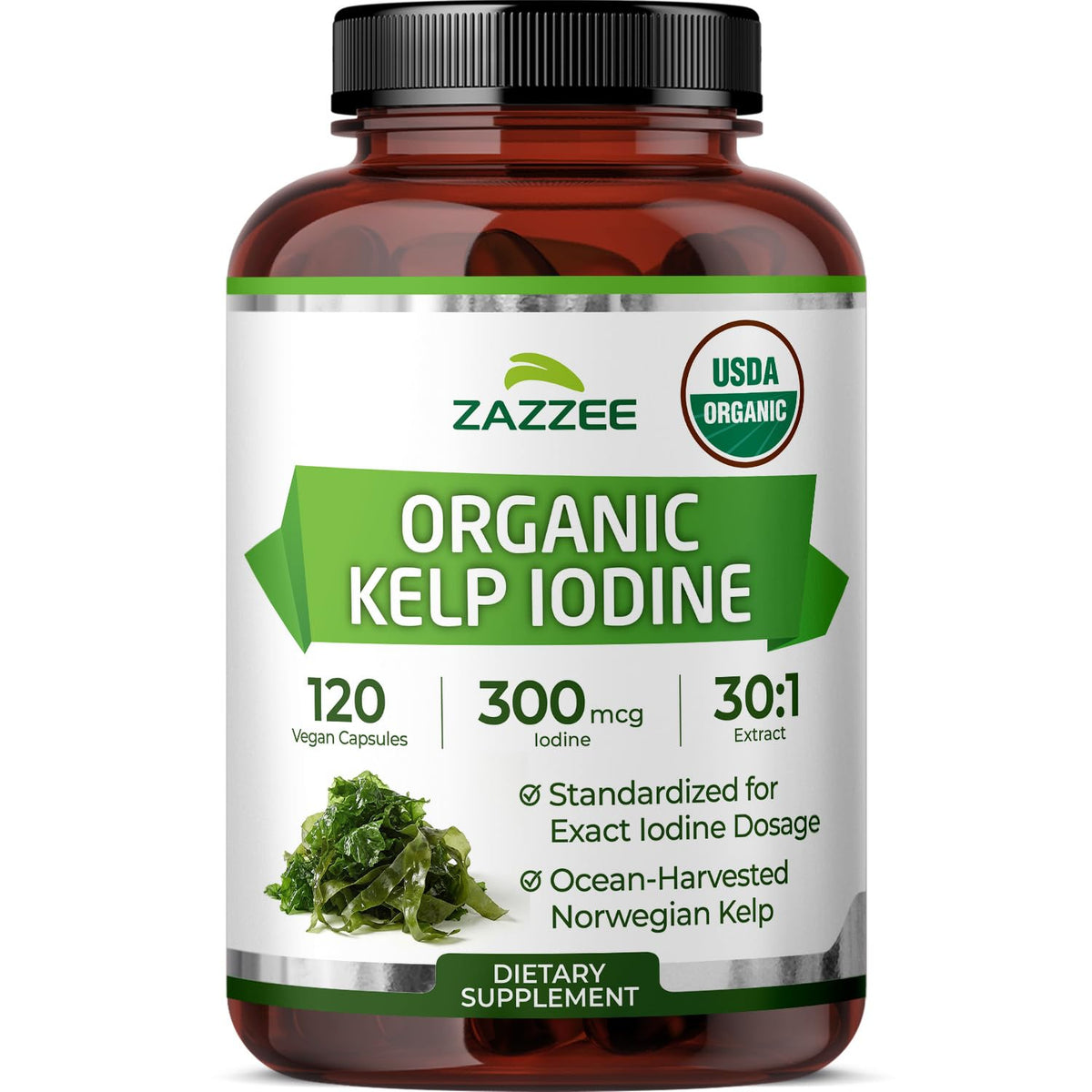 Zazzee frasco frontal mostrando etiqueta orgánica y beneficio de pureza