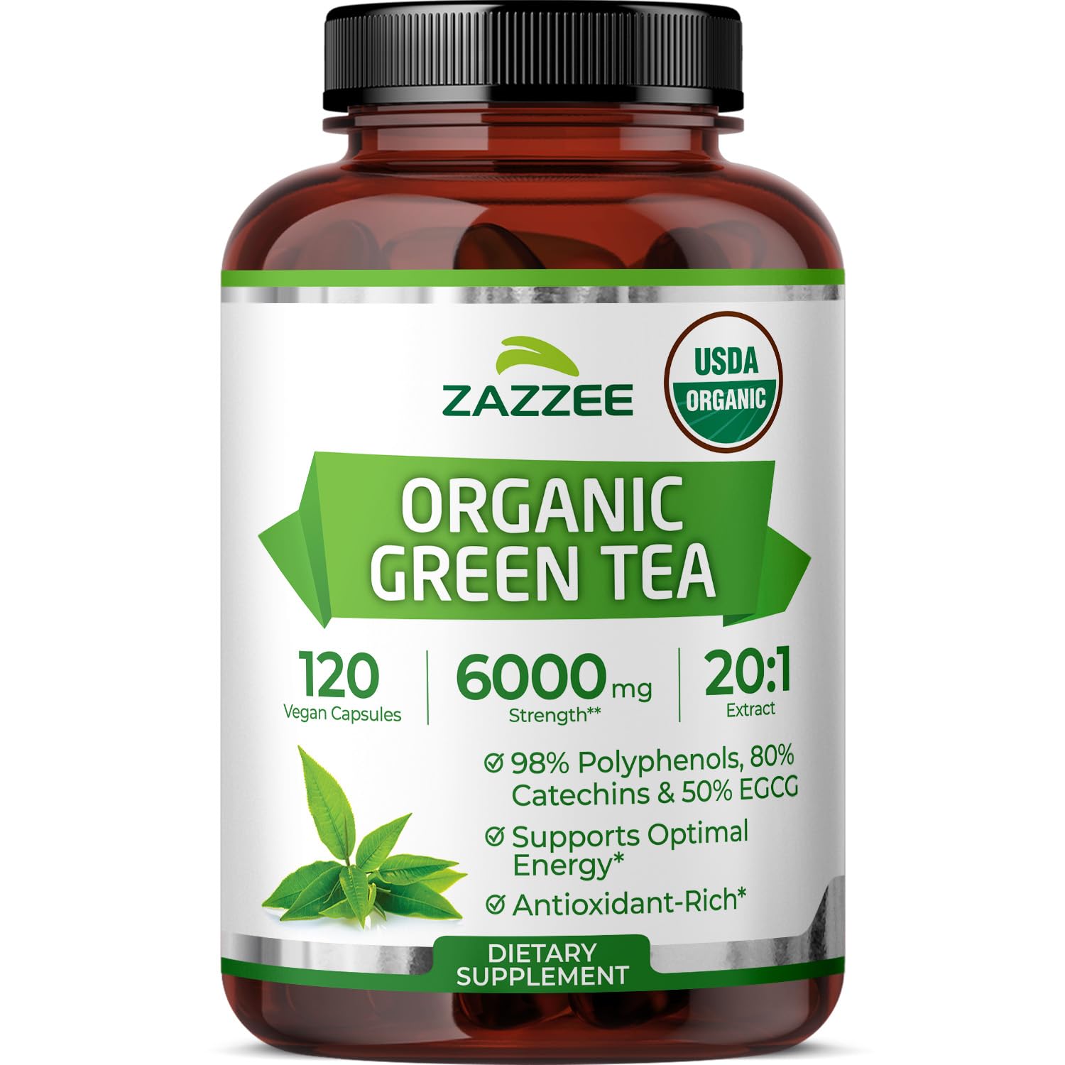 Zazzee frasco frontal mostrando 120 cápsulas y sello USDA Organic