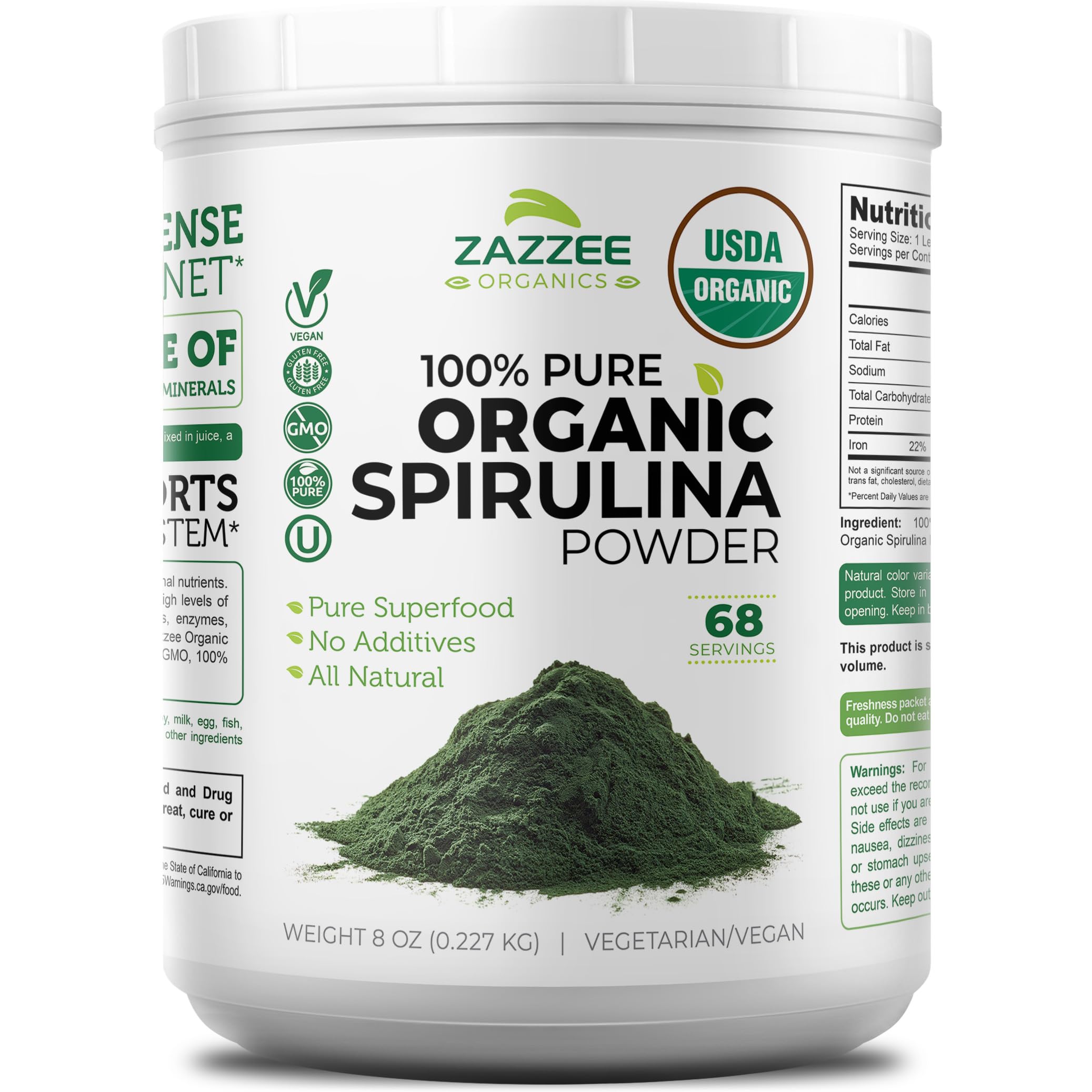 Zazzee envase frontal de spirulina orgánica mostrando tamaño y sello