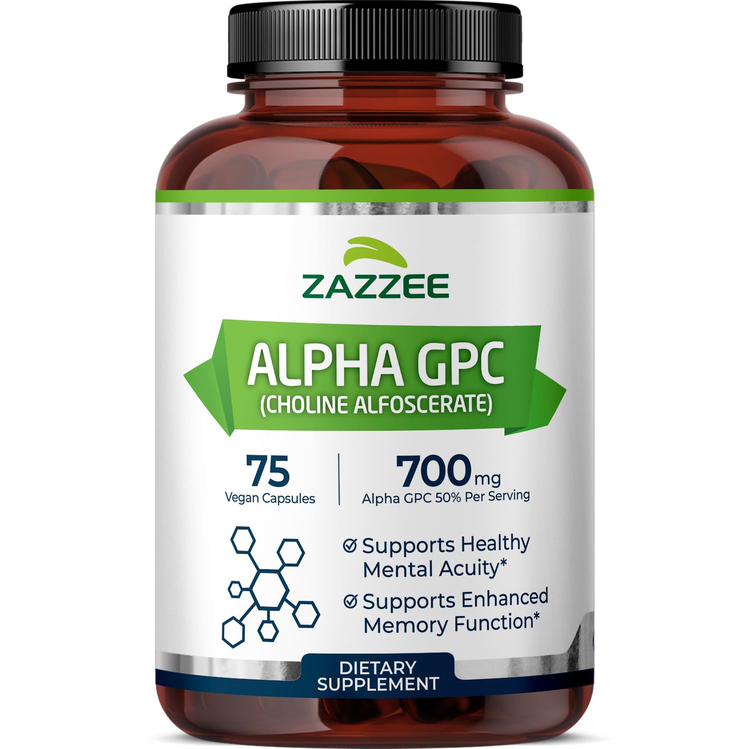 Zazzee envase frontal Alpha GPC mostrando beneficios y 75 cápsulas