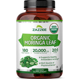 Zazzee envase frontal de Moringa orgánica mostrando presentación y beneficio práctico