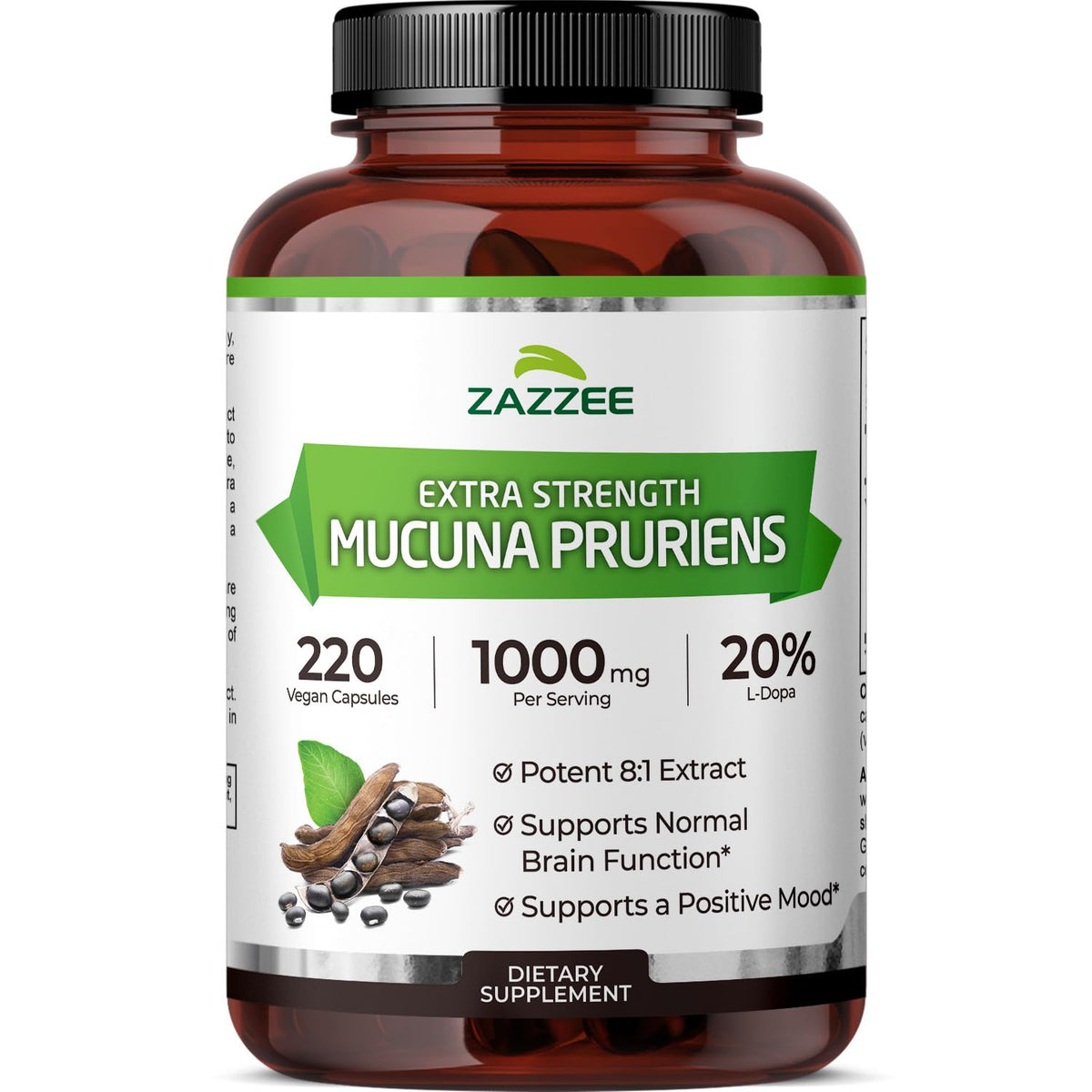 Zazzee envase frontal Mucuna pruriens 220 cápsulas, presentación clara