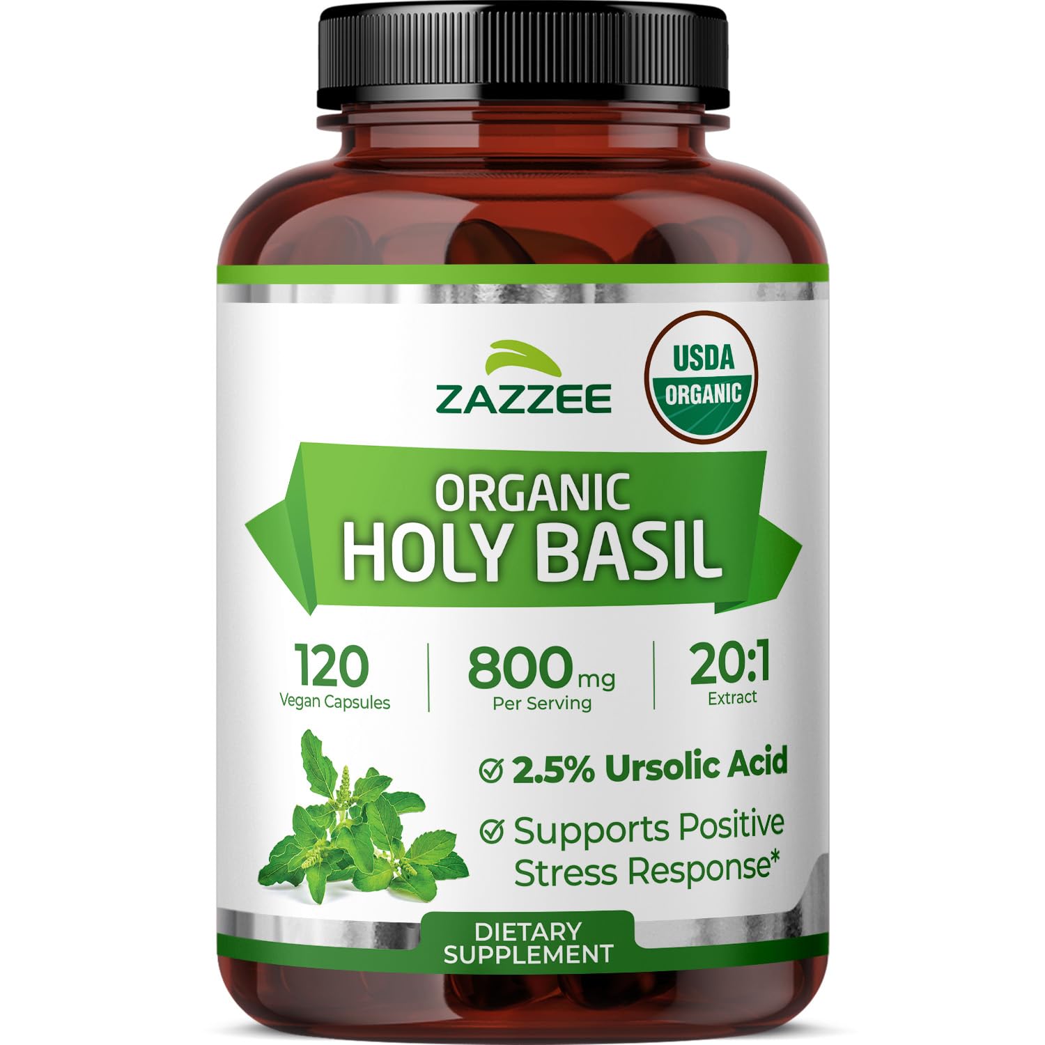 Zazzee frasco frontal de Tulsi mostrando diseño y 120 cápsulas
