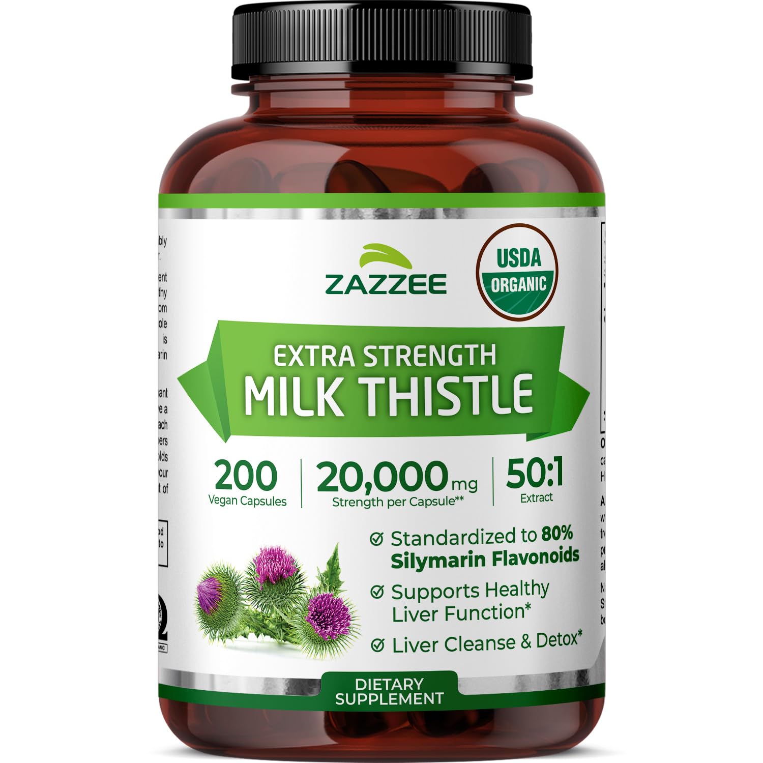 Zazzee envase frontal mostrando 200 cápsulas y potencia 50:1