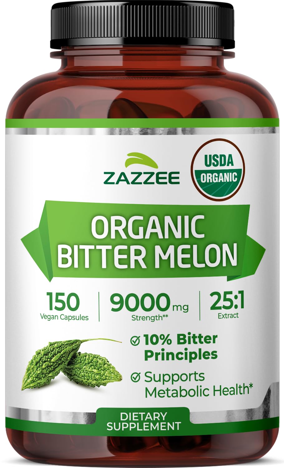 Zazzee envase frontal mostrando 150 cápsulas y certificación USDA, confianza de compra