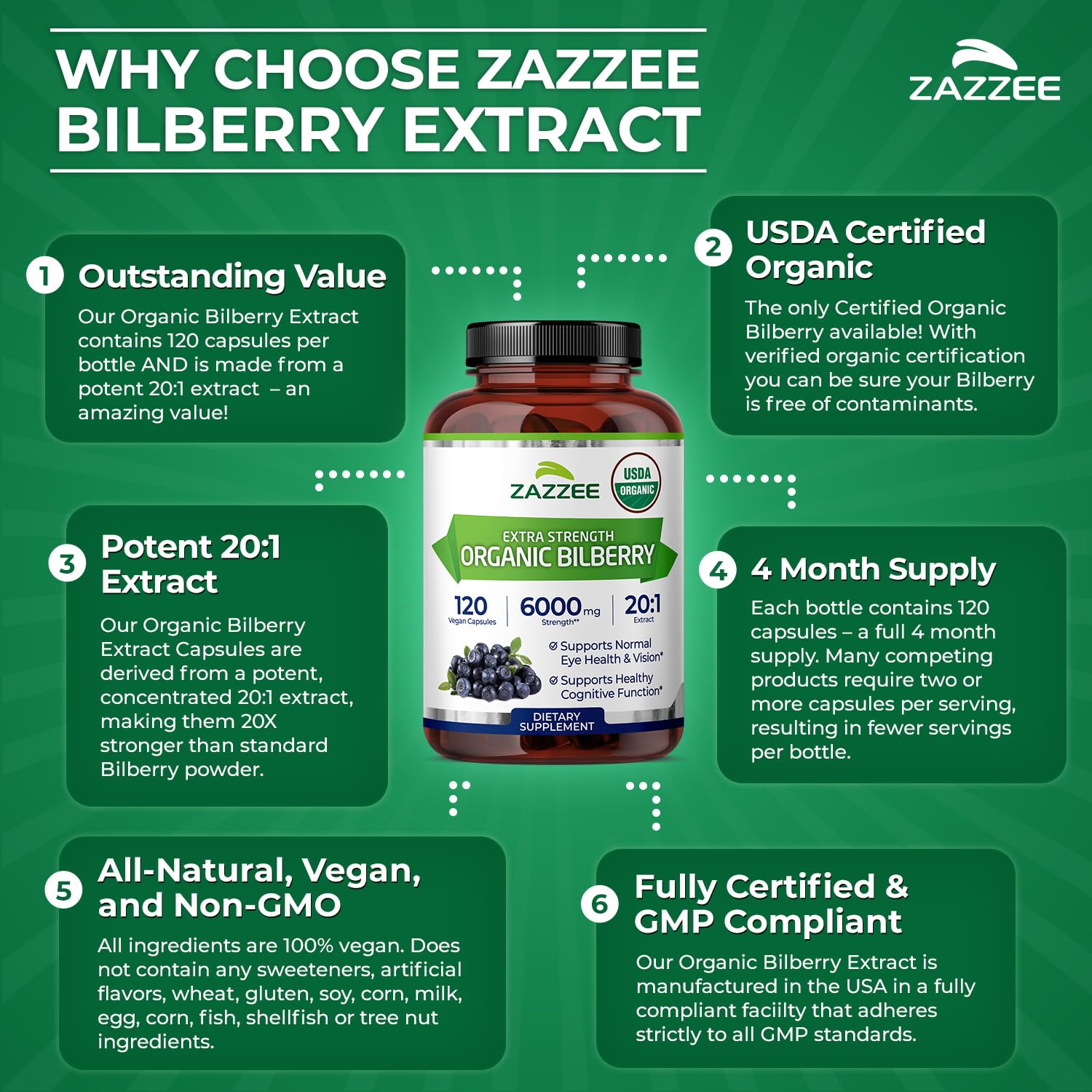 Zazzee bayas de bilberry frescas y secas junto a cápsulas, origen natural