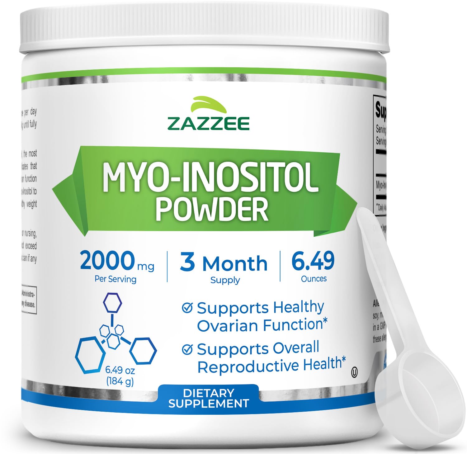 Zazzee envase frontal del Myo-Inositol mostrando etiqueta clara y beneficio de dosificación precisa