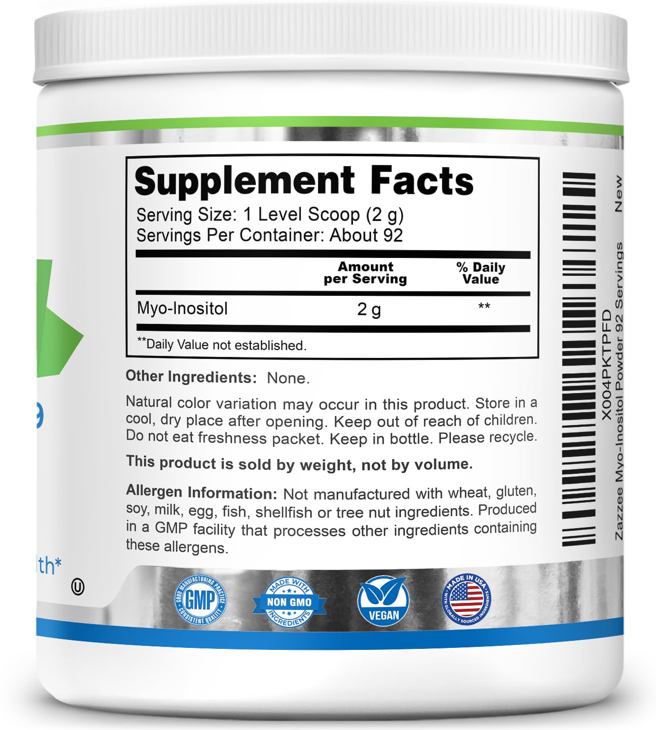 Etiqueta con lista de ingredientes y certificaciones Zazzee, enfatizando calidad y pureza