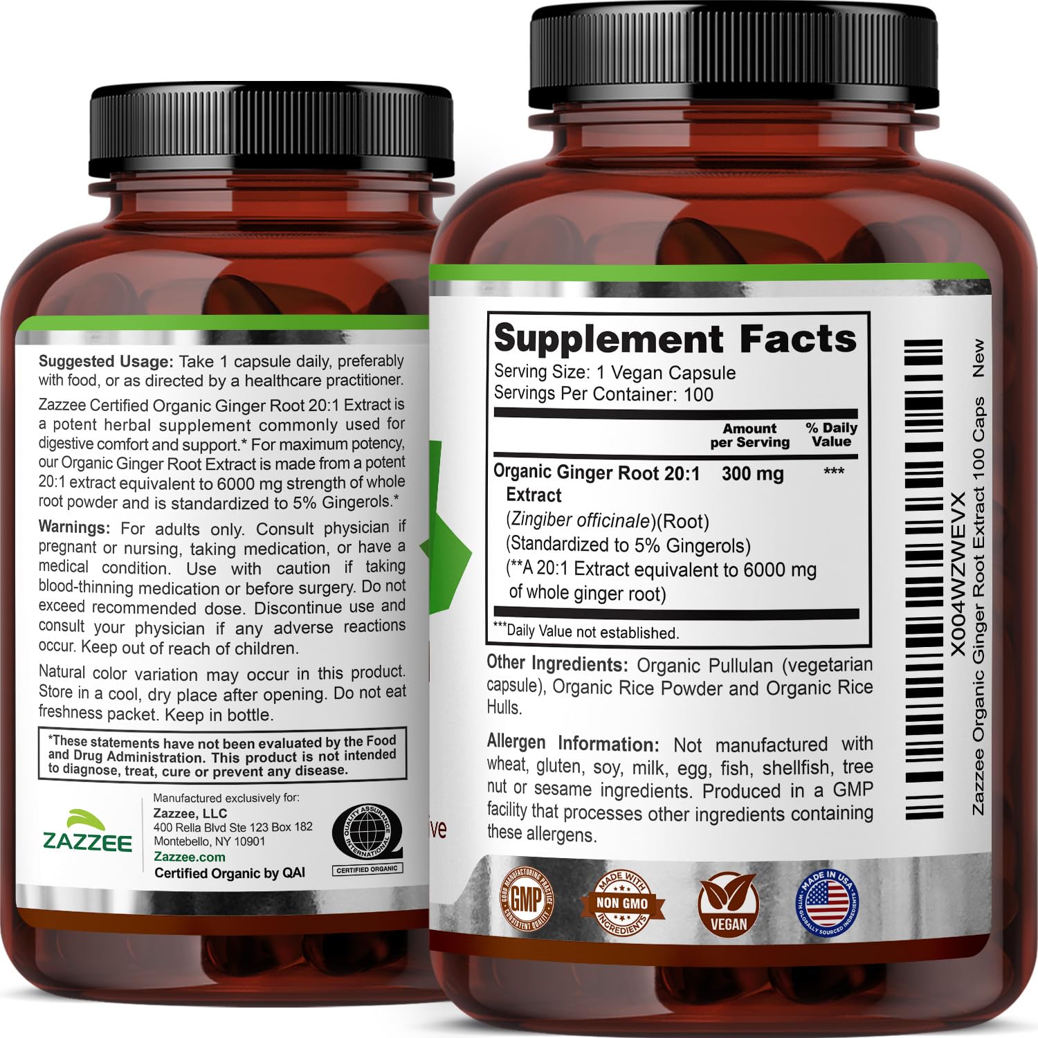Zazzee sello USDA Organic certificando ingredientes y cápsula