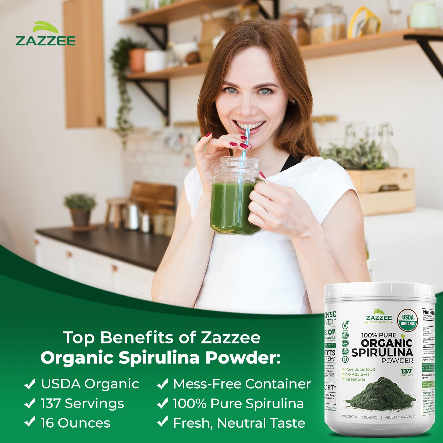 Zazzee cucharadita con spirulina lista para medir una porción exacta
