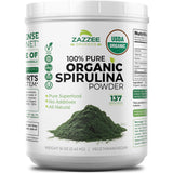 Zazzee envase frontal de spirulina orgánica mostrando tamaño y marca