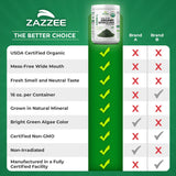 Zazzee spirulina en mesa de desayuno junto a frutas y vaso para consumo diario