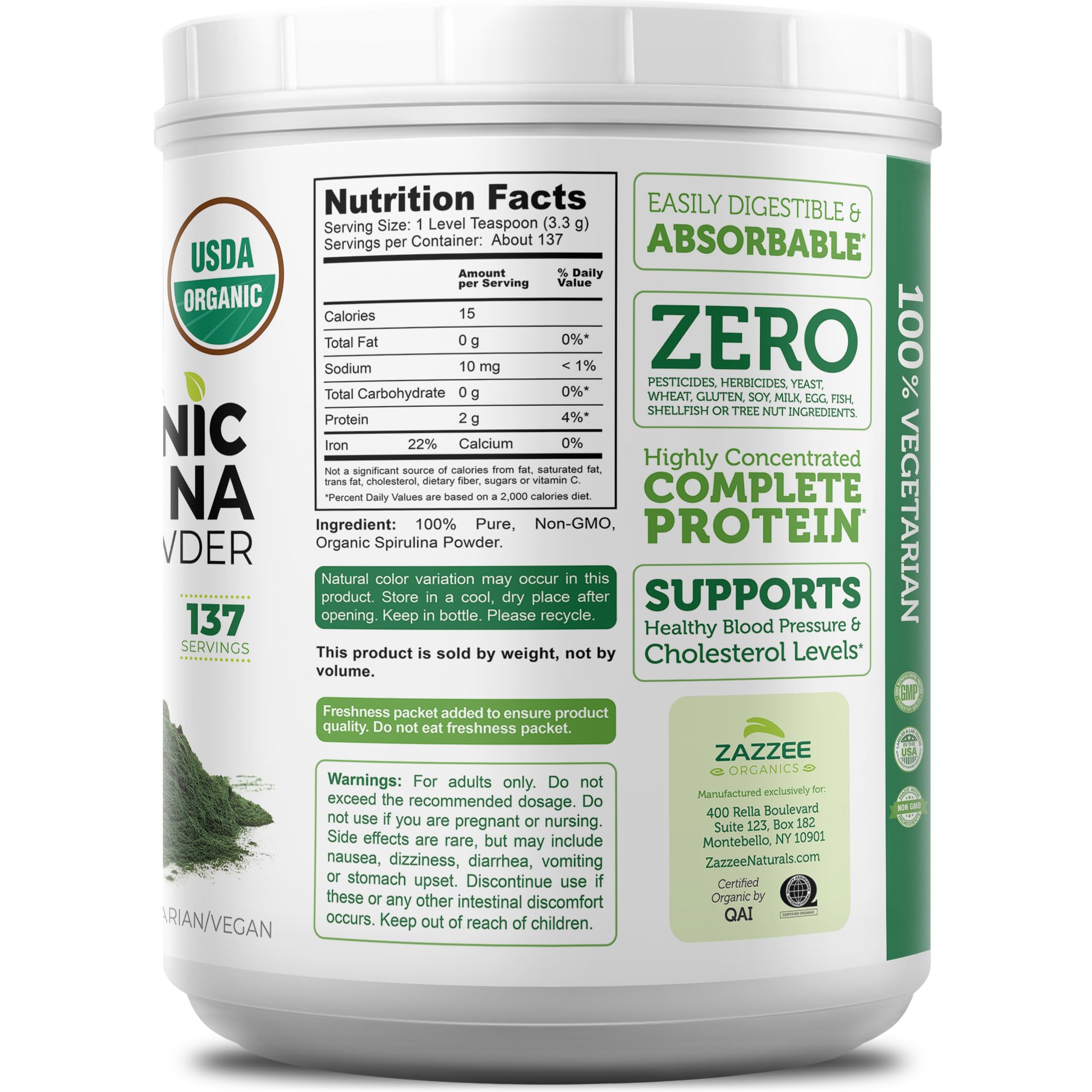 Zazzee spirulina en recipiente usada en una receta de cocina casera