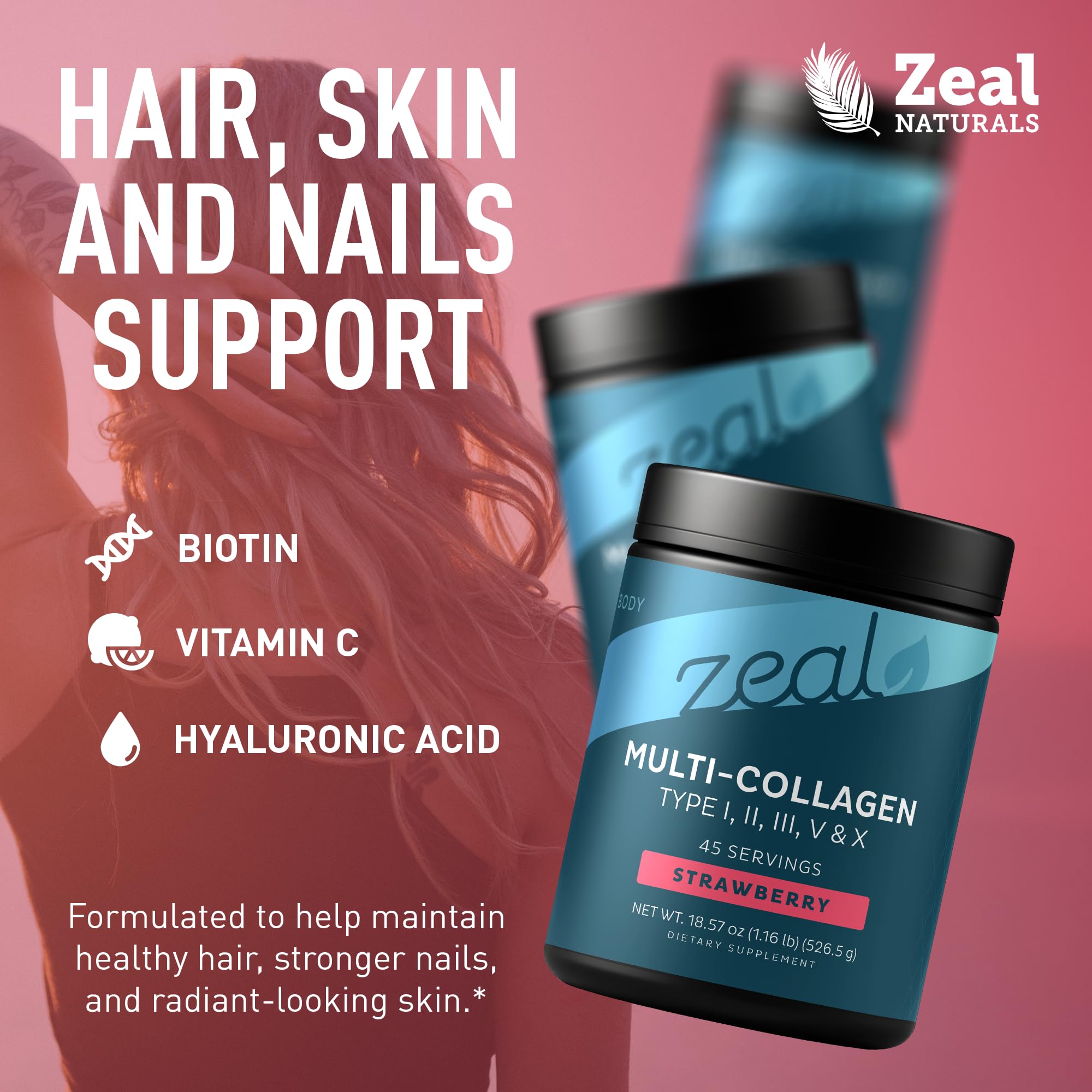 Zeal Naturals detalle de la etiqueta con lista de colágenos y nutrientes clave