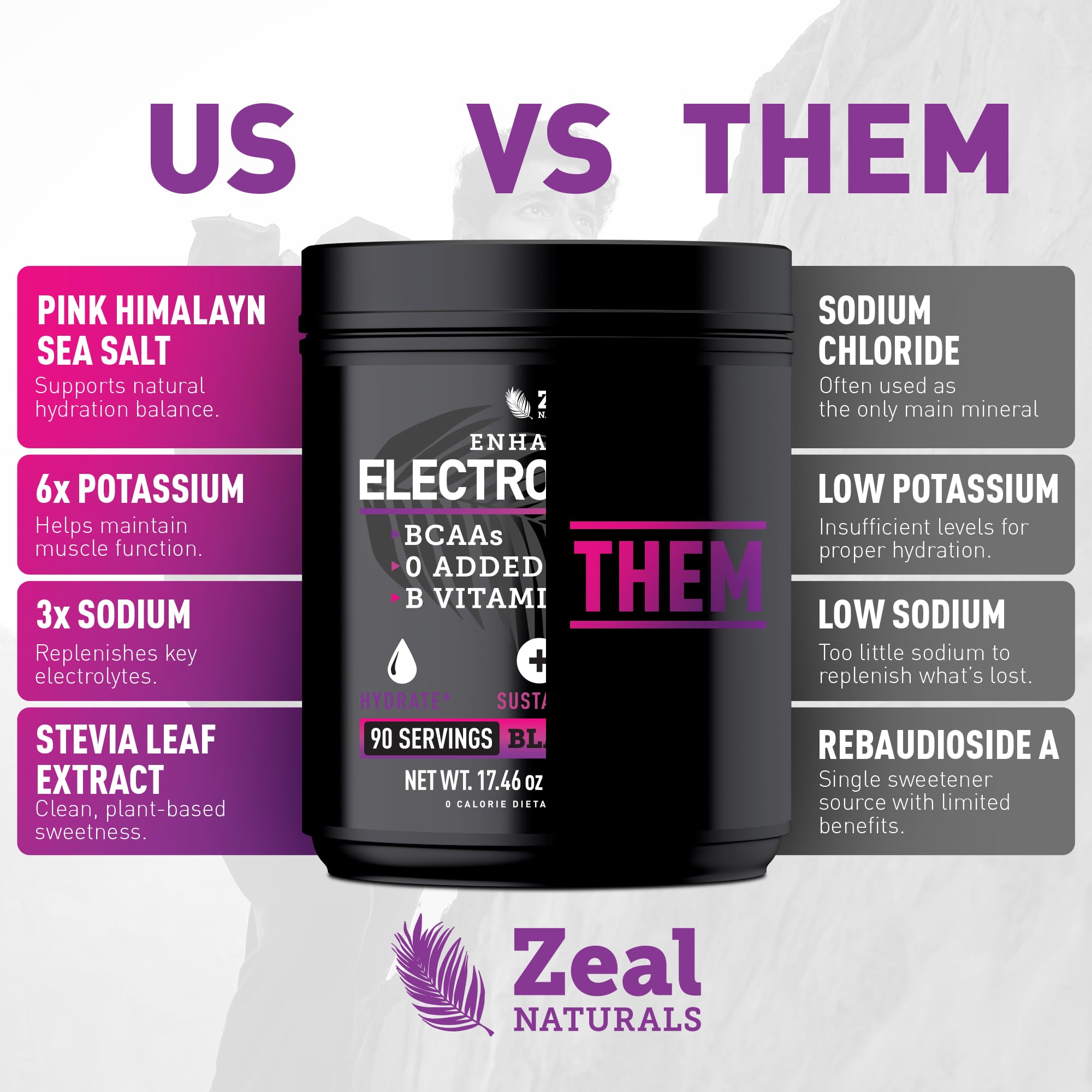 Zeal Naturals ingredientes clave mostrando sales, BCAA y vitaminas B beneficiosas