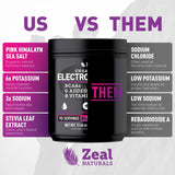 Zeal Naturals ingredientes clave mostrando sales, BCAA y vitaminas B beneficiosas